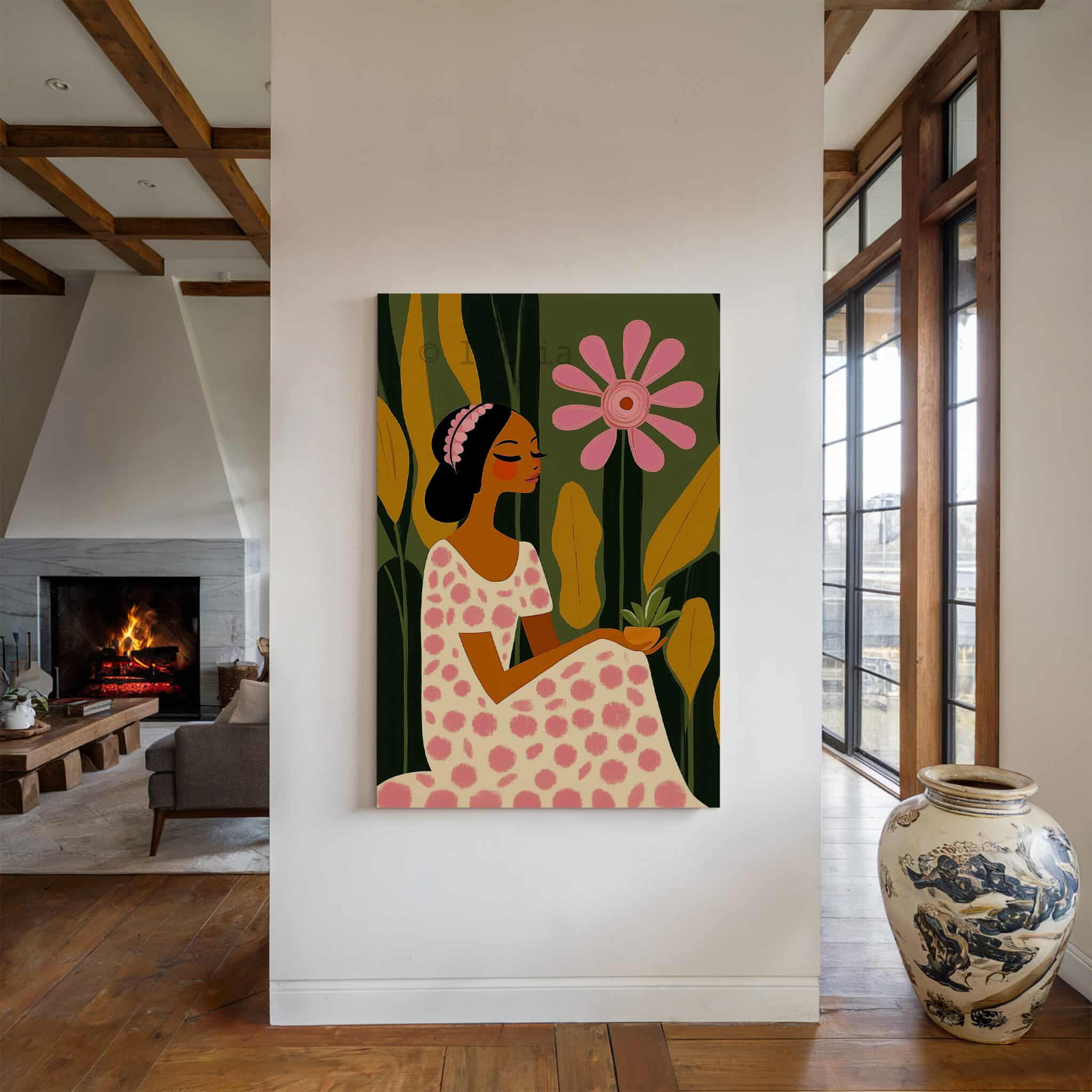 Feminine Portrait Print on Canvas, Elegant Floral Woman Illustration Art, Soft Luxury Wall Decor, Contemporary Bedroom Artwork, Botanical Accent - photo #4
