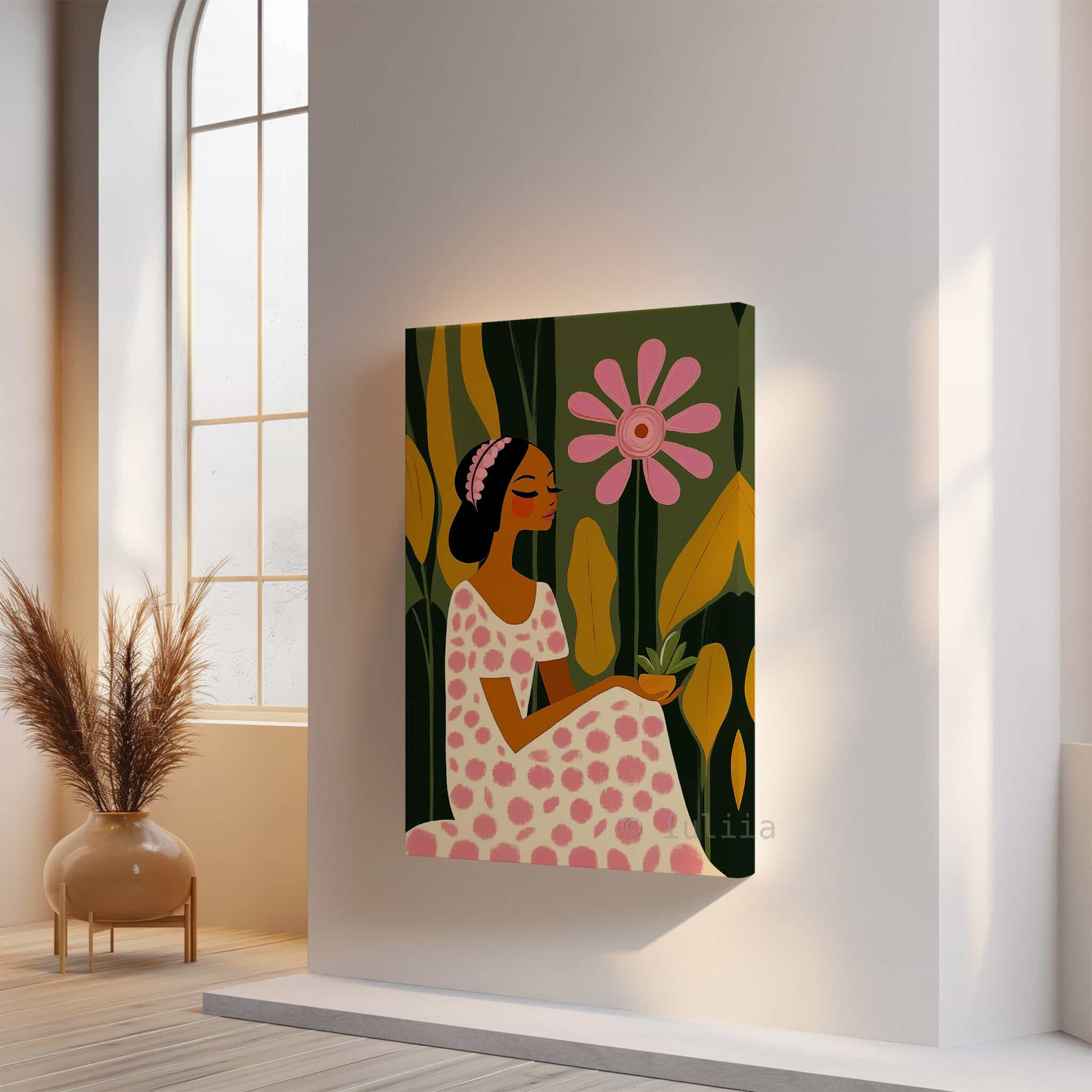 Feminine Portrait Print on Canvas, Elegant Floral Woman Illustration Art, Soft Luxury Wall Decor, Contemporary Bedroom Artwork, Botanical Accent - photo #14