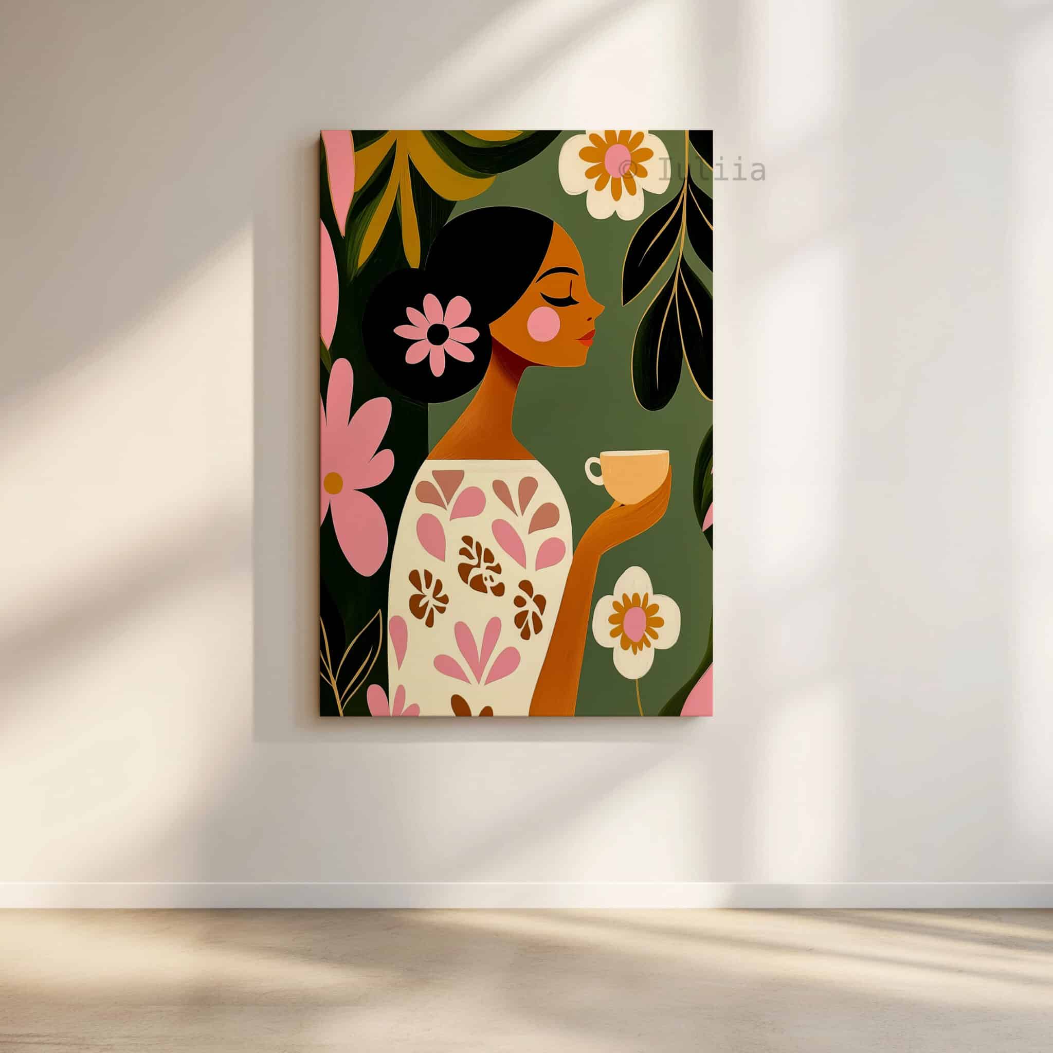 Coffee Lover Canvas, Botanical Woman Portrait Art, Morning Coffee Corner Decor, Contemporary Floral Illustration, Cozy Kitchen Accent