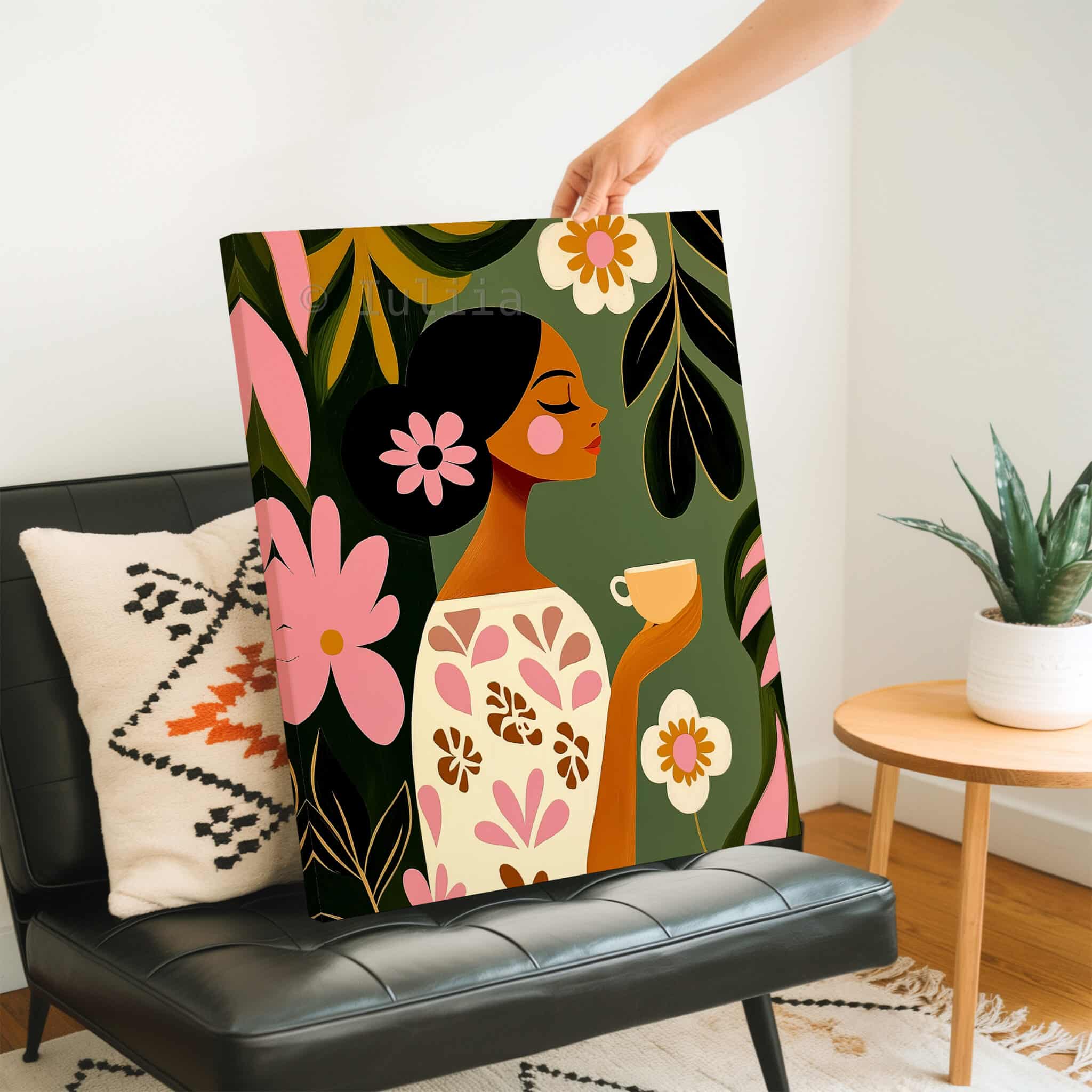Coffee Lover Canvas, Botanical Woman Portrait Art, Morning Coffee Corner Decor, Contemporary Floral Illustration, Cozy Kitchen Accent - photo #2