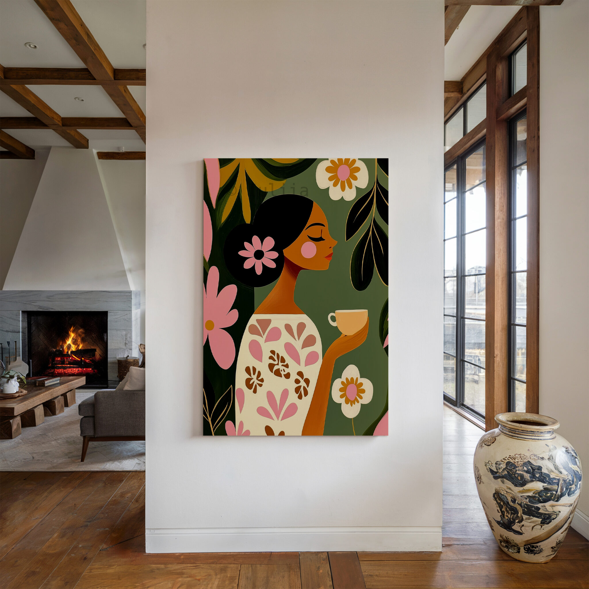 Coffee Lover Canvas, Botanical Woman Portrait Art, Morning Coffee Corner Decor, Contemporary Floral Illustration, Cozy Kitchen Accent - photo #4