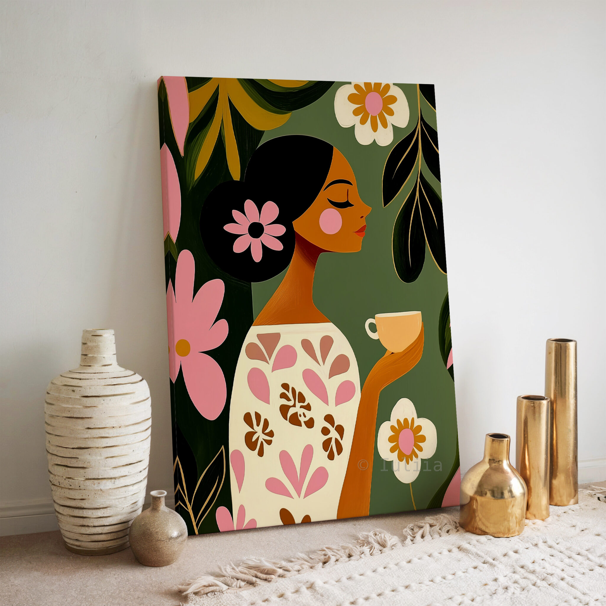 Coffee Lover Canvas, Botanical Woman Portrait Art, Morning Coffee Corner Decor, Contemporary Floral Illustration, Cozy Kitchen Accent - photo #6