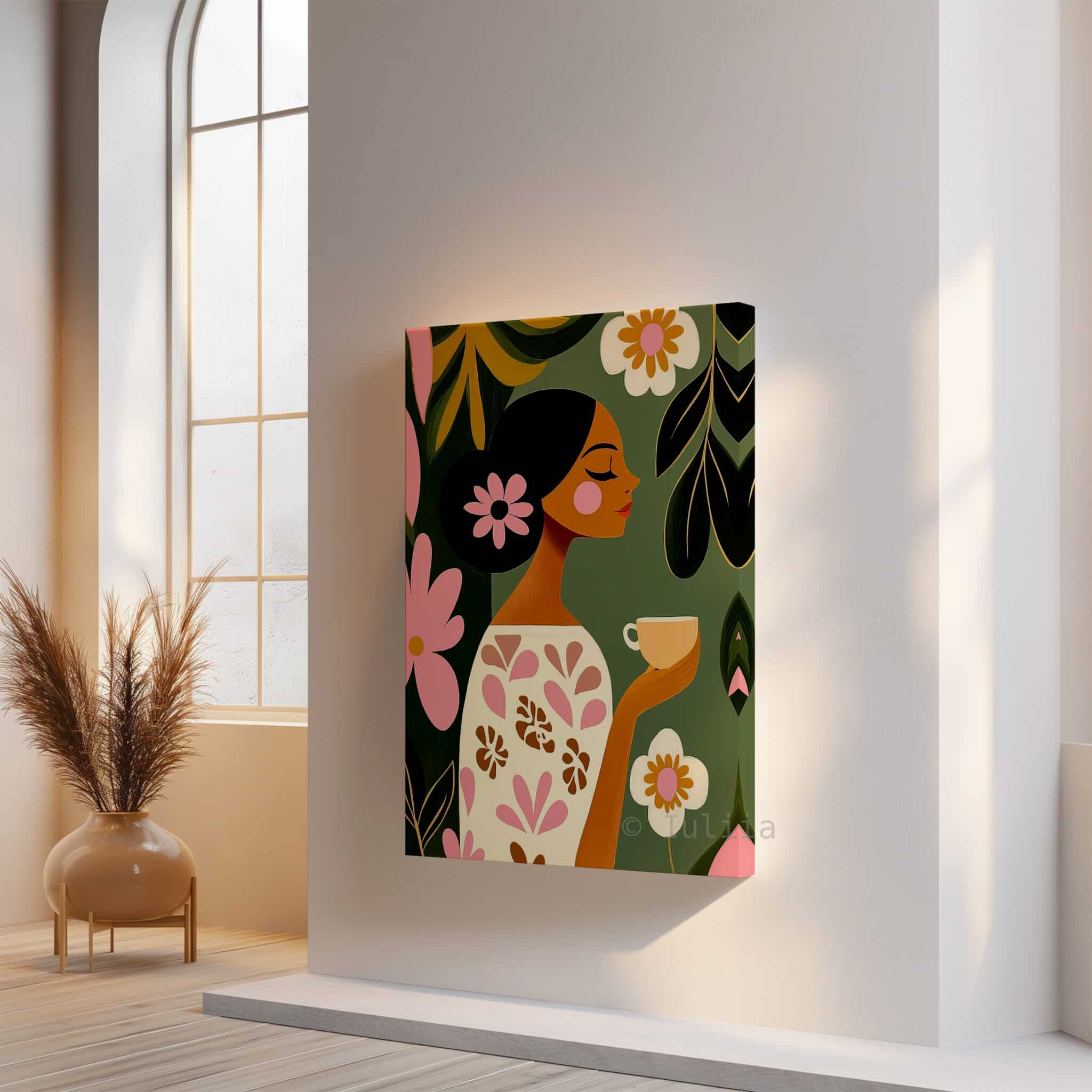 Coffee Lover Canvas, Botanical Woman Portrait Art, Morning Coffee Corner Decor, Contemporary Floral Illustration, Cozy Kitchen Accent - photo #14