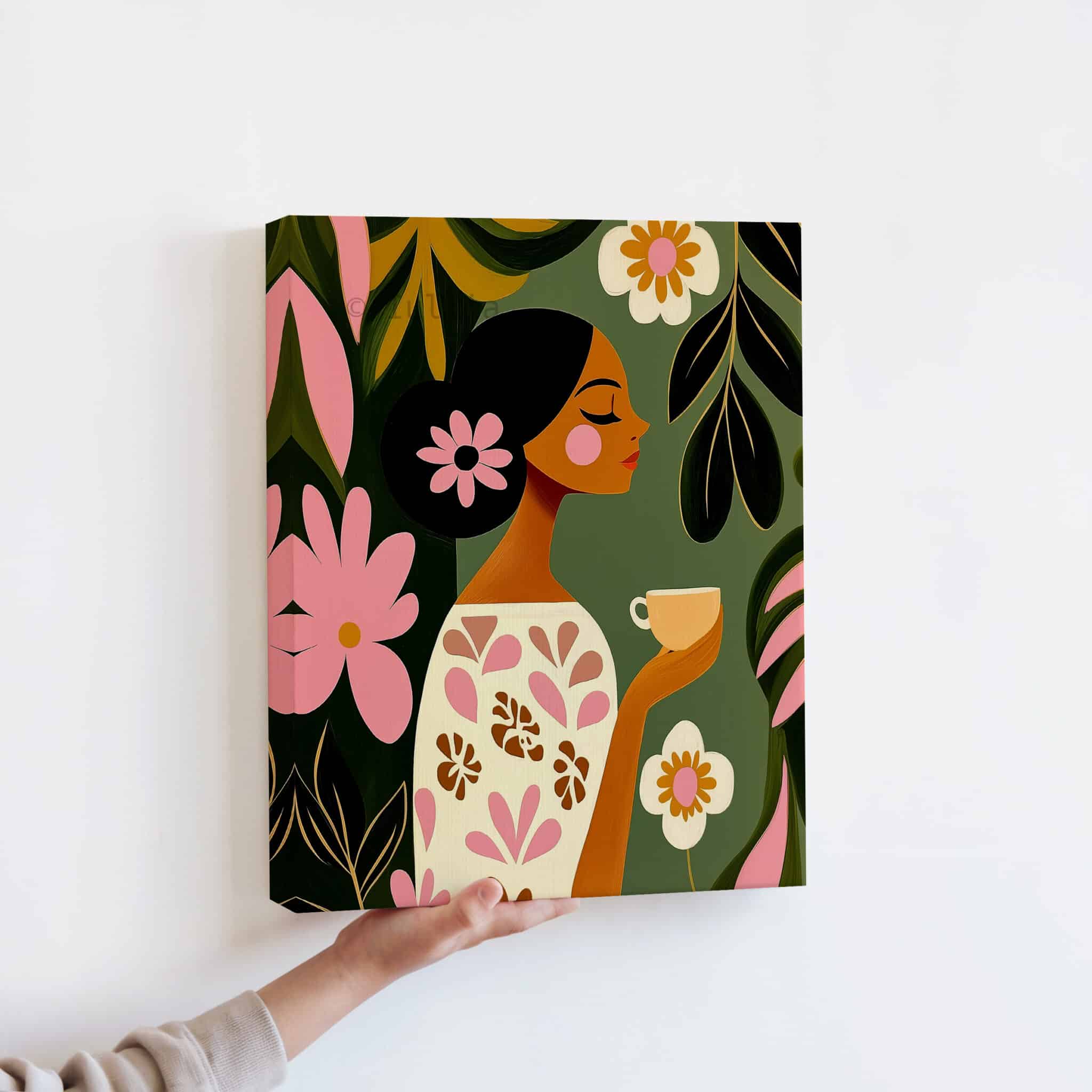 Coffee Lover Canvas, Botanical Woman Portrait Art, Morning Coffee Corner Decor, Contemporary Floral Illustration, Cozy Kitchen Accent - photo #12
