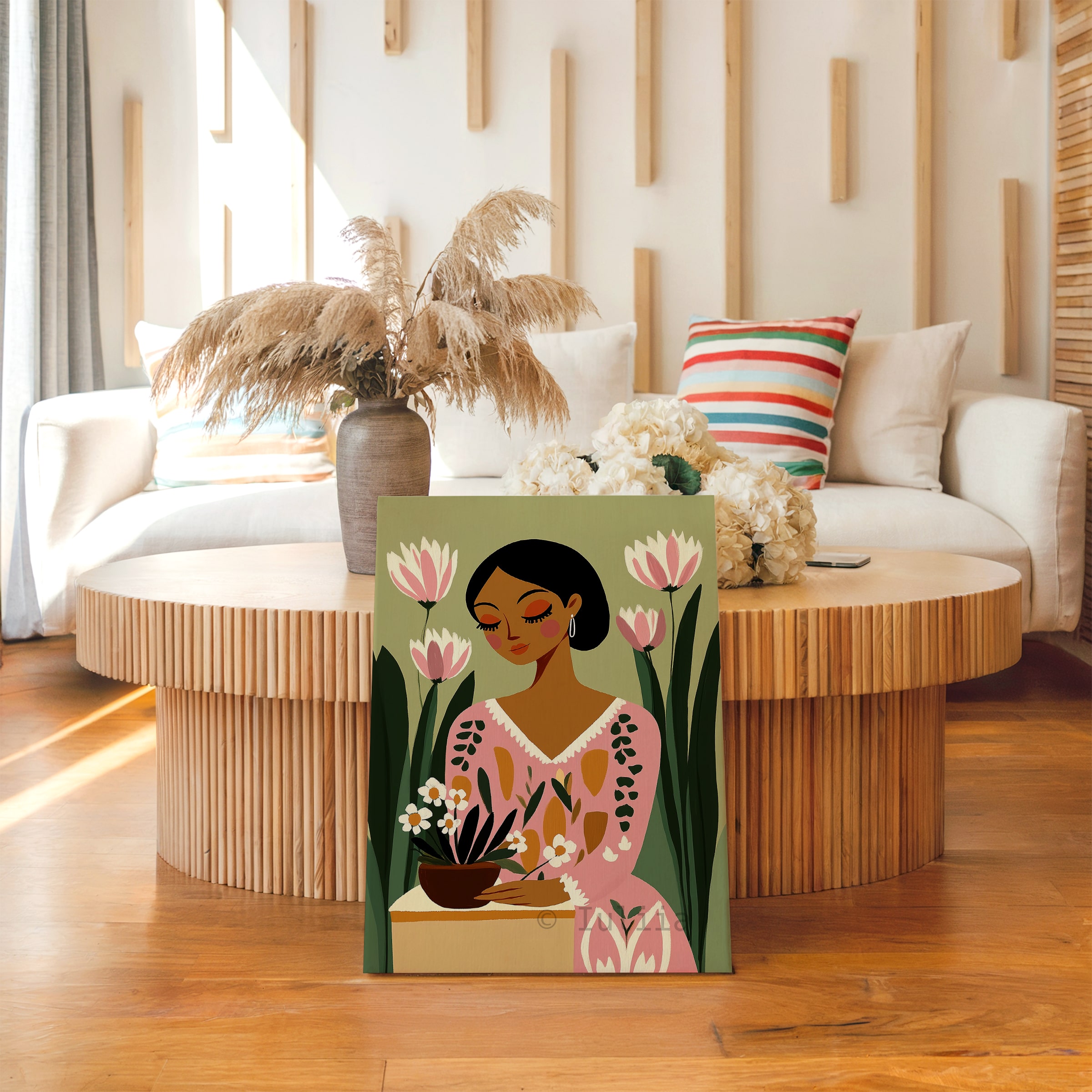 Botanical Woman Canvas, Floral Portrait Illustration, Pink Bloom Art, Contemporary Feminine Wall Decor, Living Room Artwork - photo #13