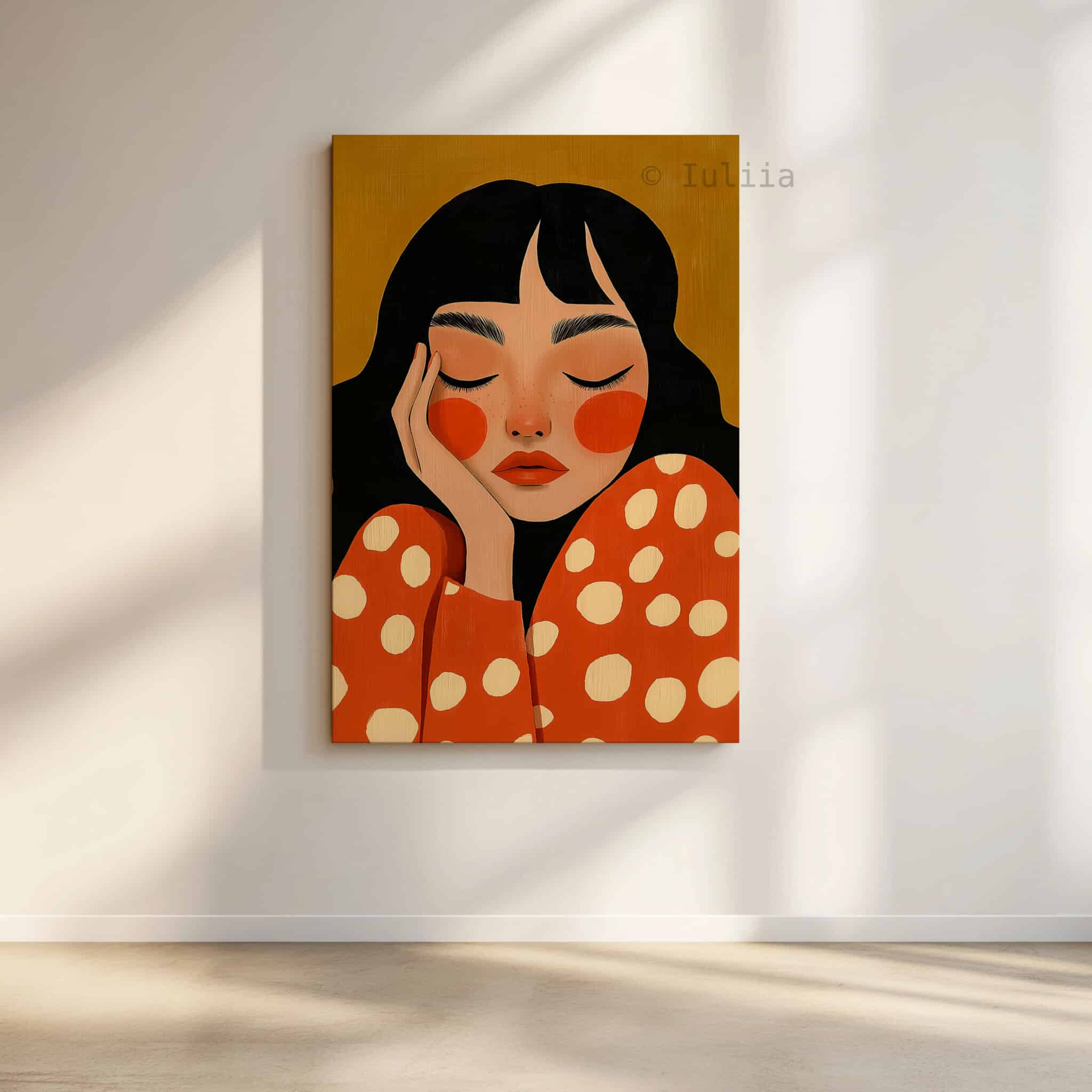 Canvas Expressive Figure Print, Serene Woman Portrait in Warm Orange Tones, Designer Artwork for Contemporary Home