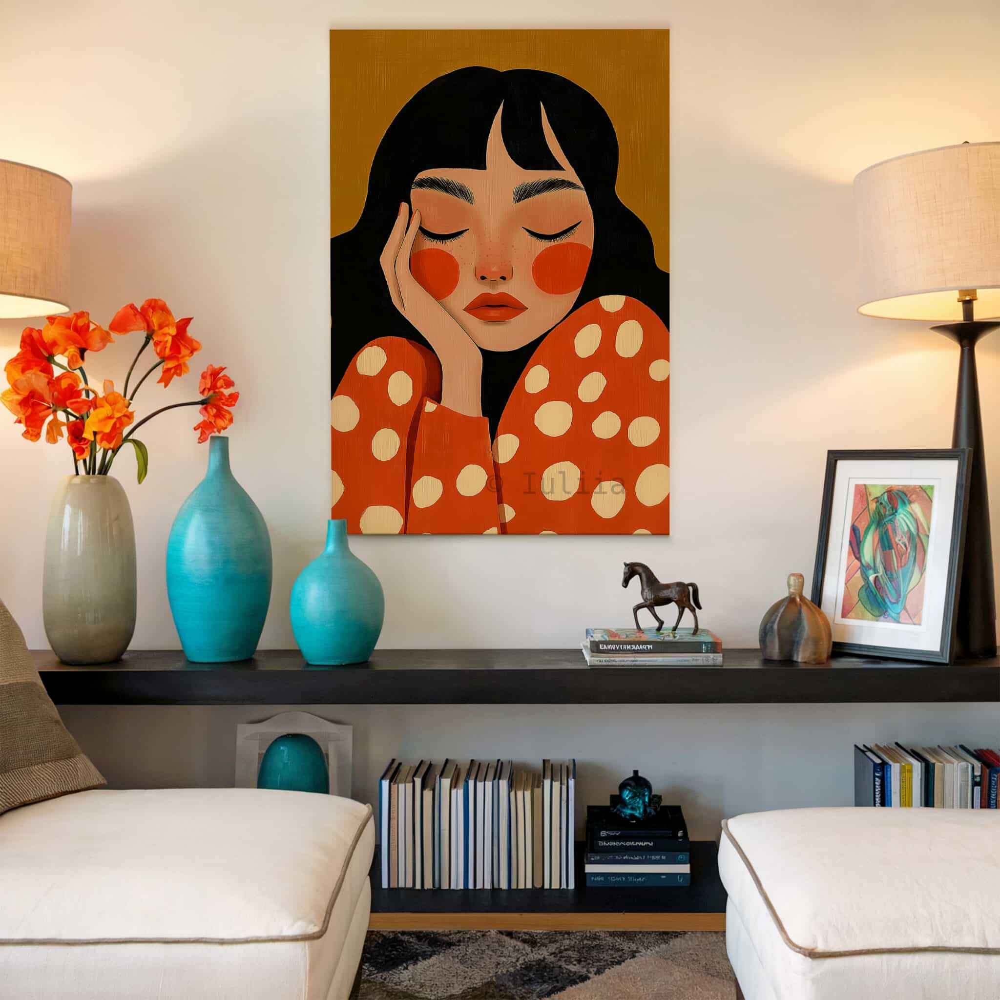 Canvas Expressive Figure Print, Serene Woman Portrait in Warm Orange Tones, Designer Artwork for Contemporary Home - photo #17