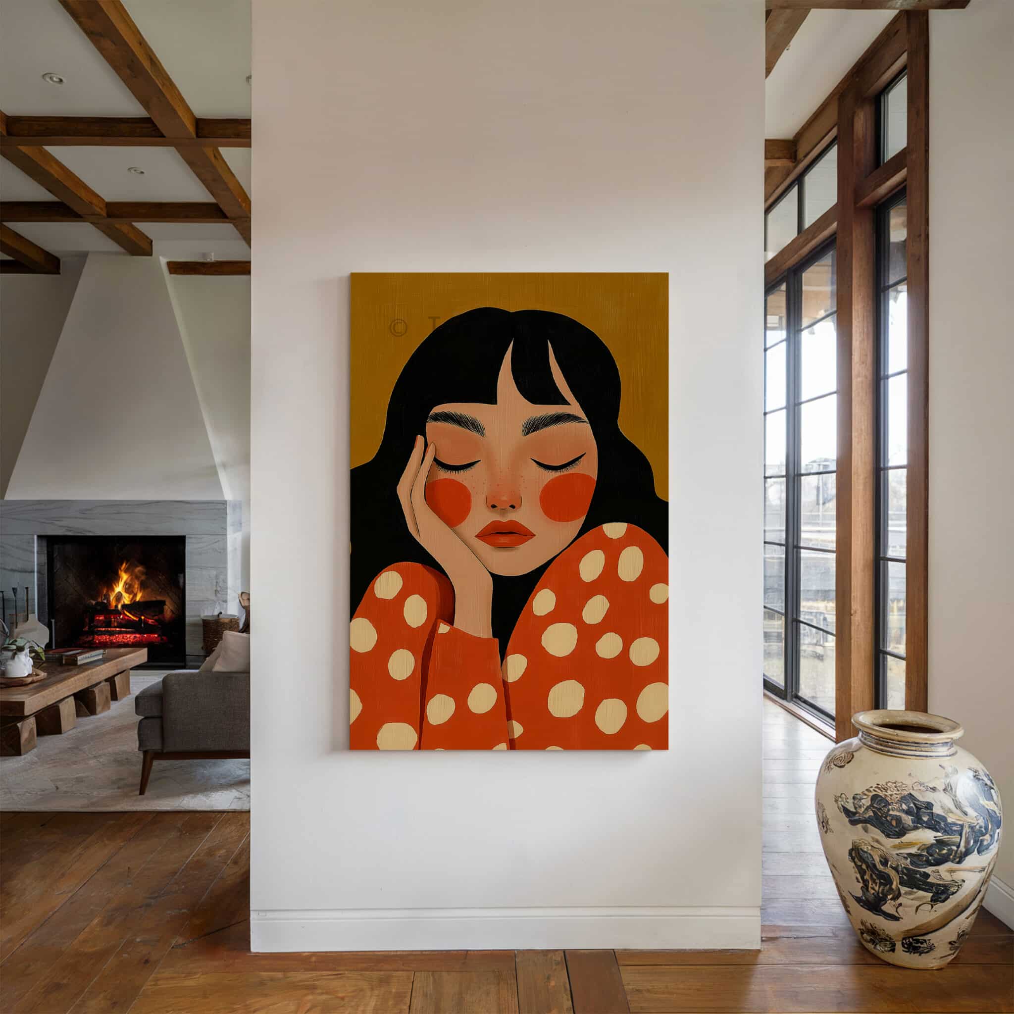 Canvas Expressive Figure Print, Serene Woman Portrait in Warm Orange Tones, Designer Artwork for Contemporary Home - photo #4