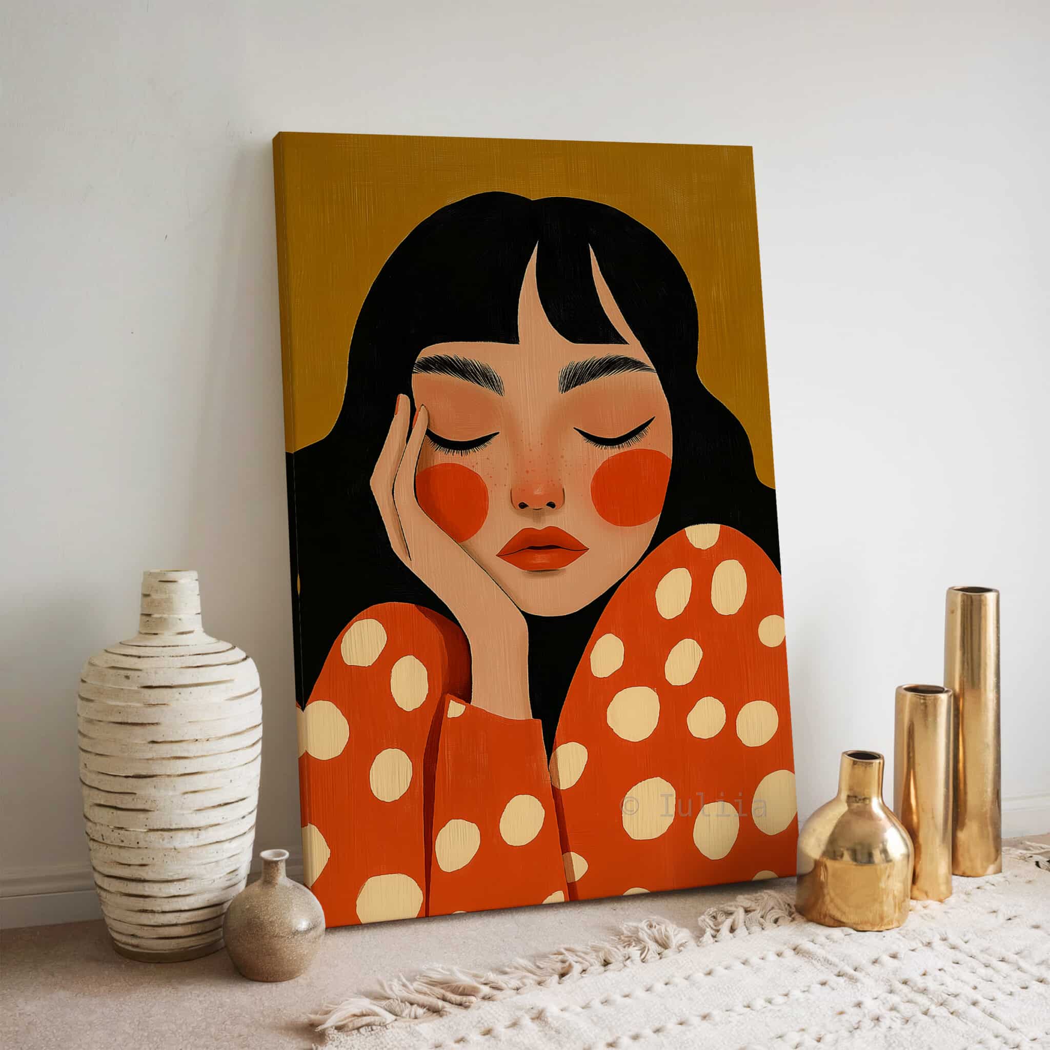 Canvas Expressive Figure Print, Serene Woman Portrait in Warm Orange Tones, Designer Artwork for Contemporary Home - photo #6
