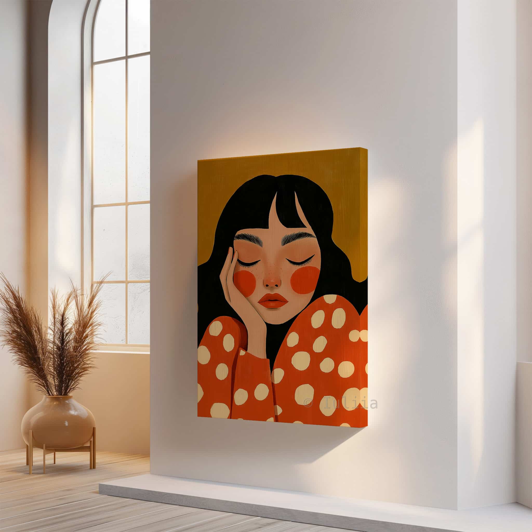 Canvas Expressive Figure Print, Serene Woman Portrait in Warm Orange Tones, Designer Artwork for Contemporary Home - photo #14