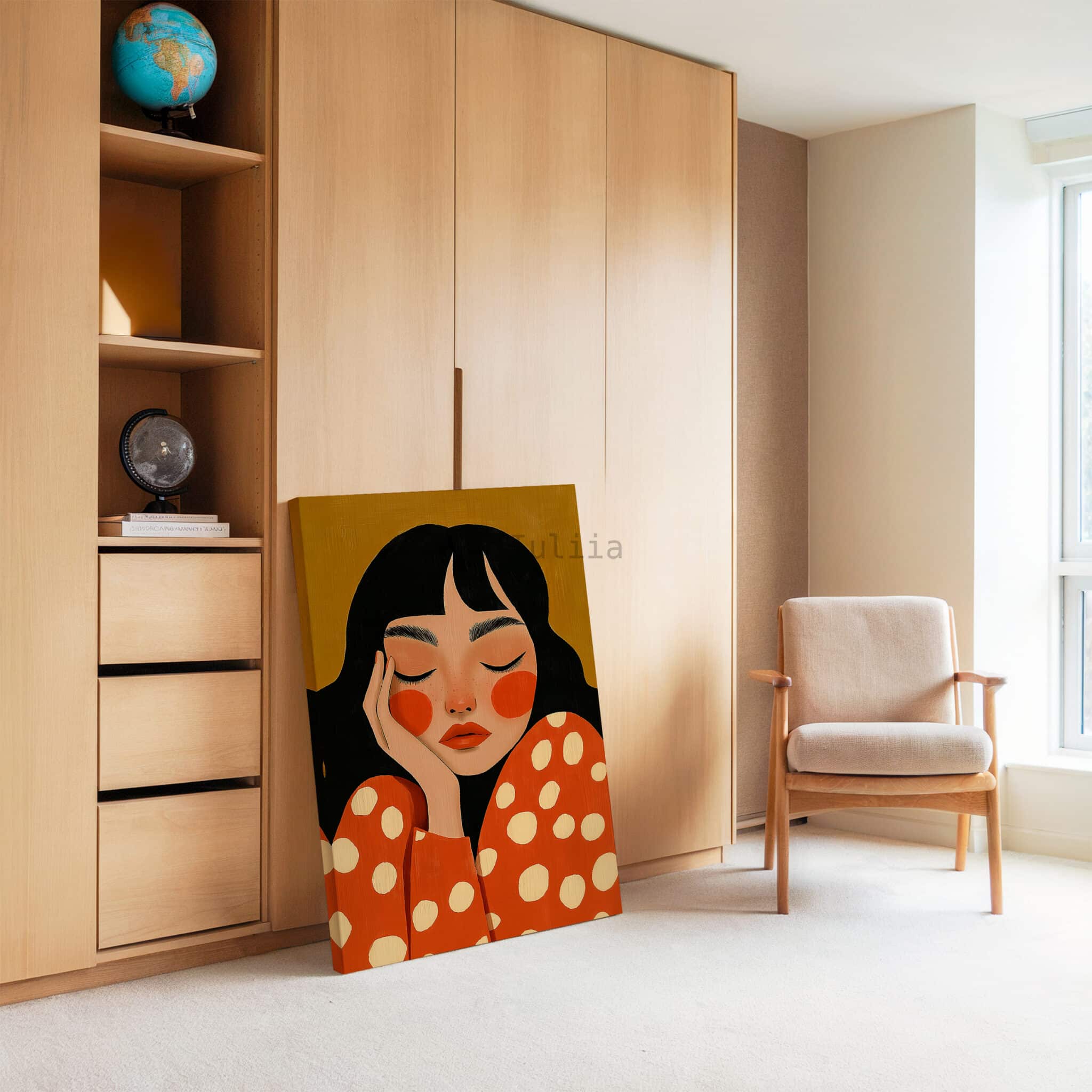 Canvas Expressive Figure Print, Serene Woman Portrait in Warm Orange Tones, Designer Artwork for Contemporary Home - photo #3