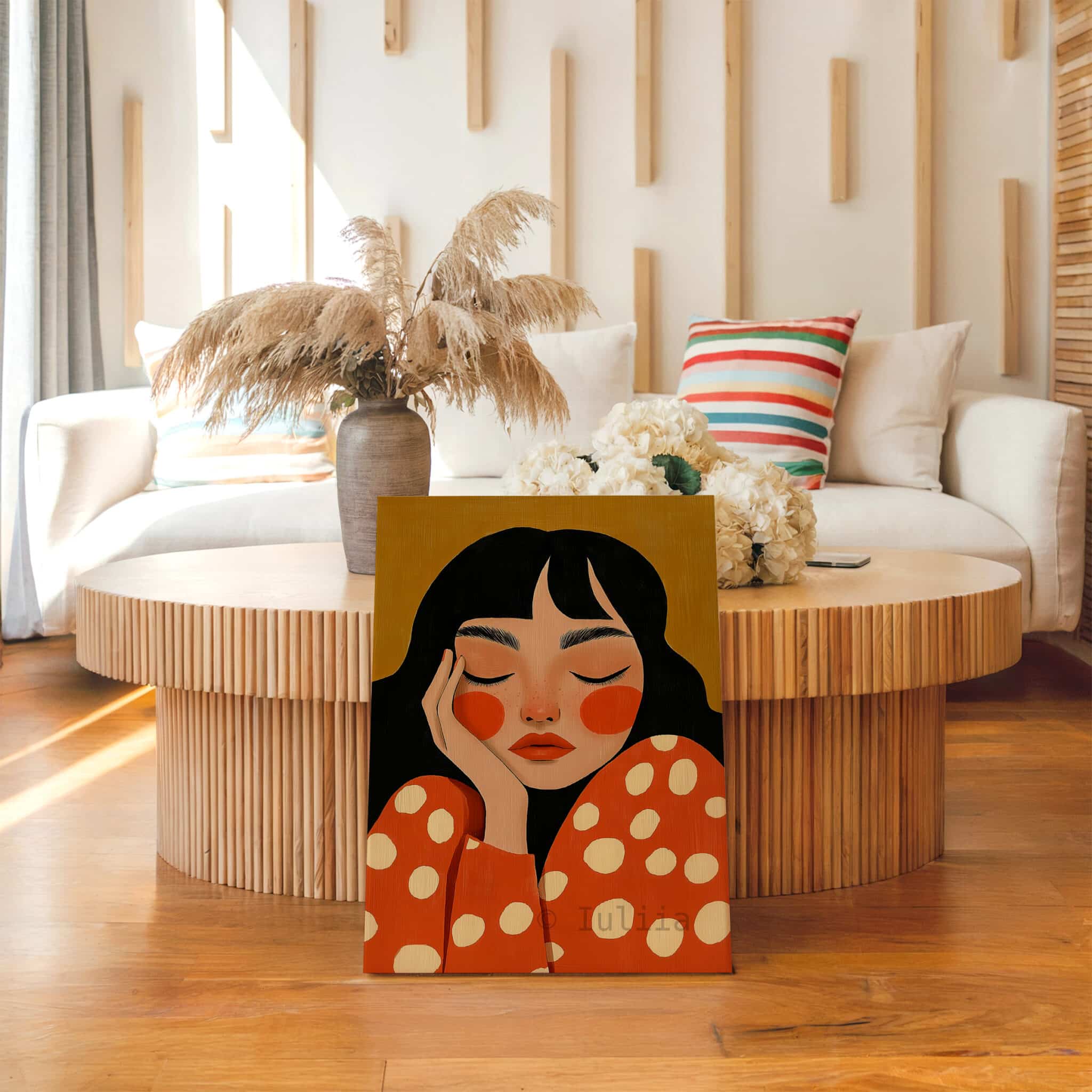 Canvas Expressive Figure Print, Serene Woman Portrait in Warm Orange Tones, Designer Artwork for Contemporary Home - photo #13