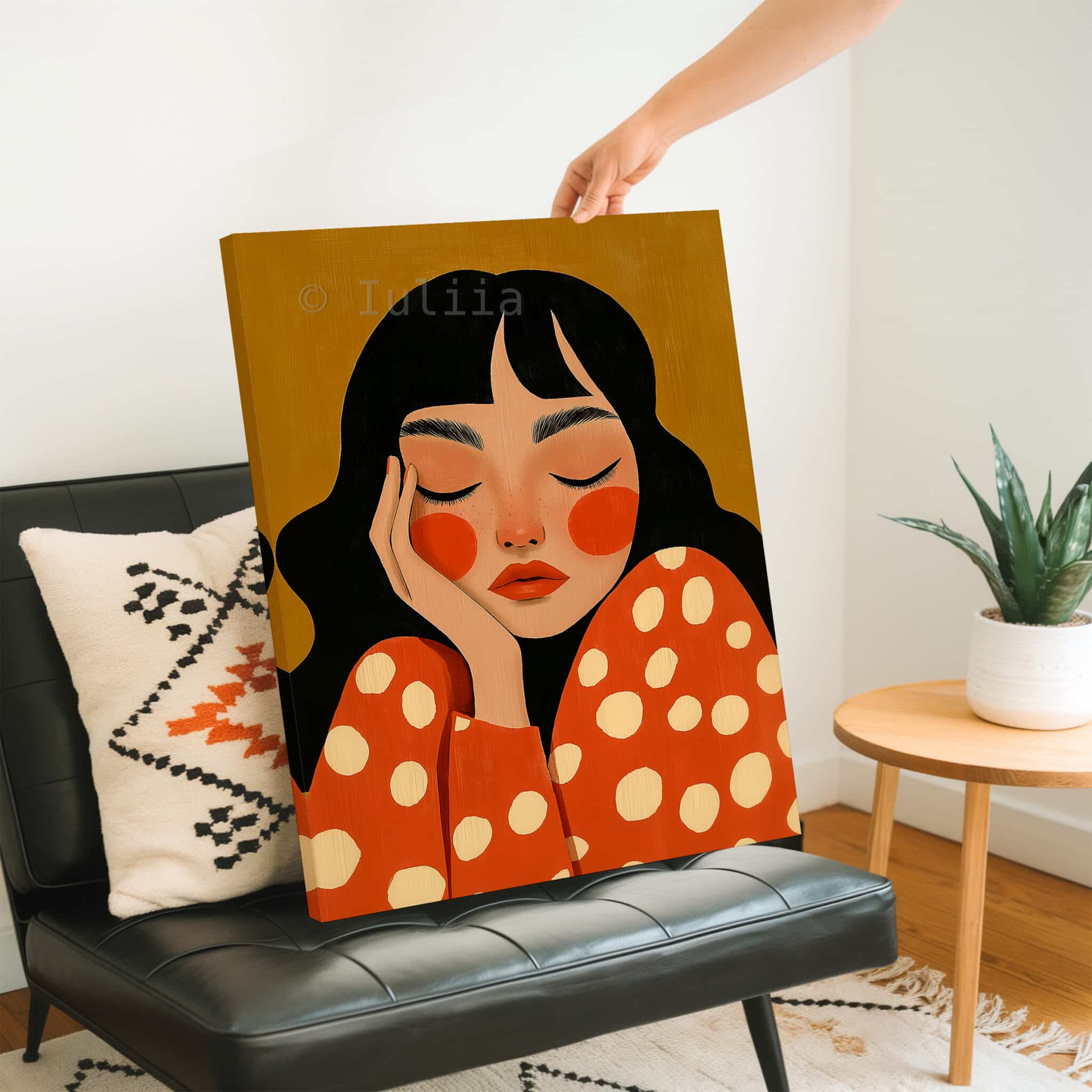 Canvas Expressive Figure Print, Serene Woman Portrait in Warm Orange Tones, Designer Artwork for Contemporary Home - photo #2