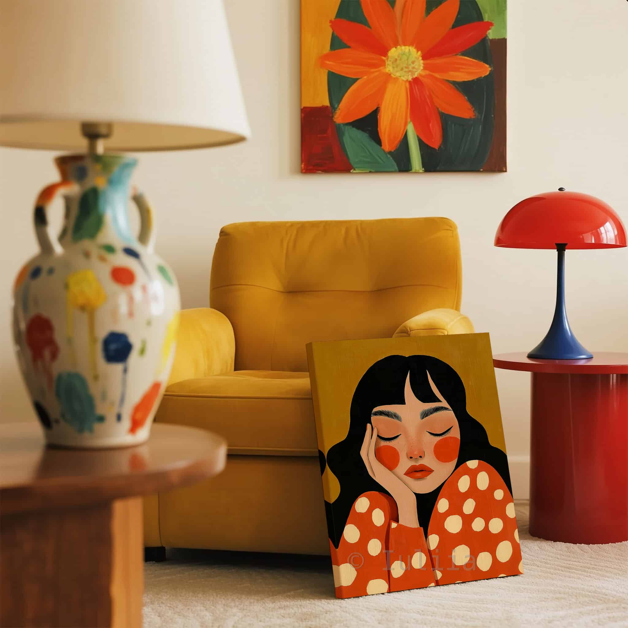 Canvas Expressive Figure Print, Serene Woman Portrait in Warm Orange Tones, Designer Artwork for Contemporary Home - photo #11