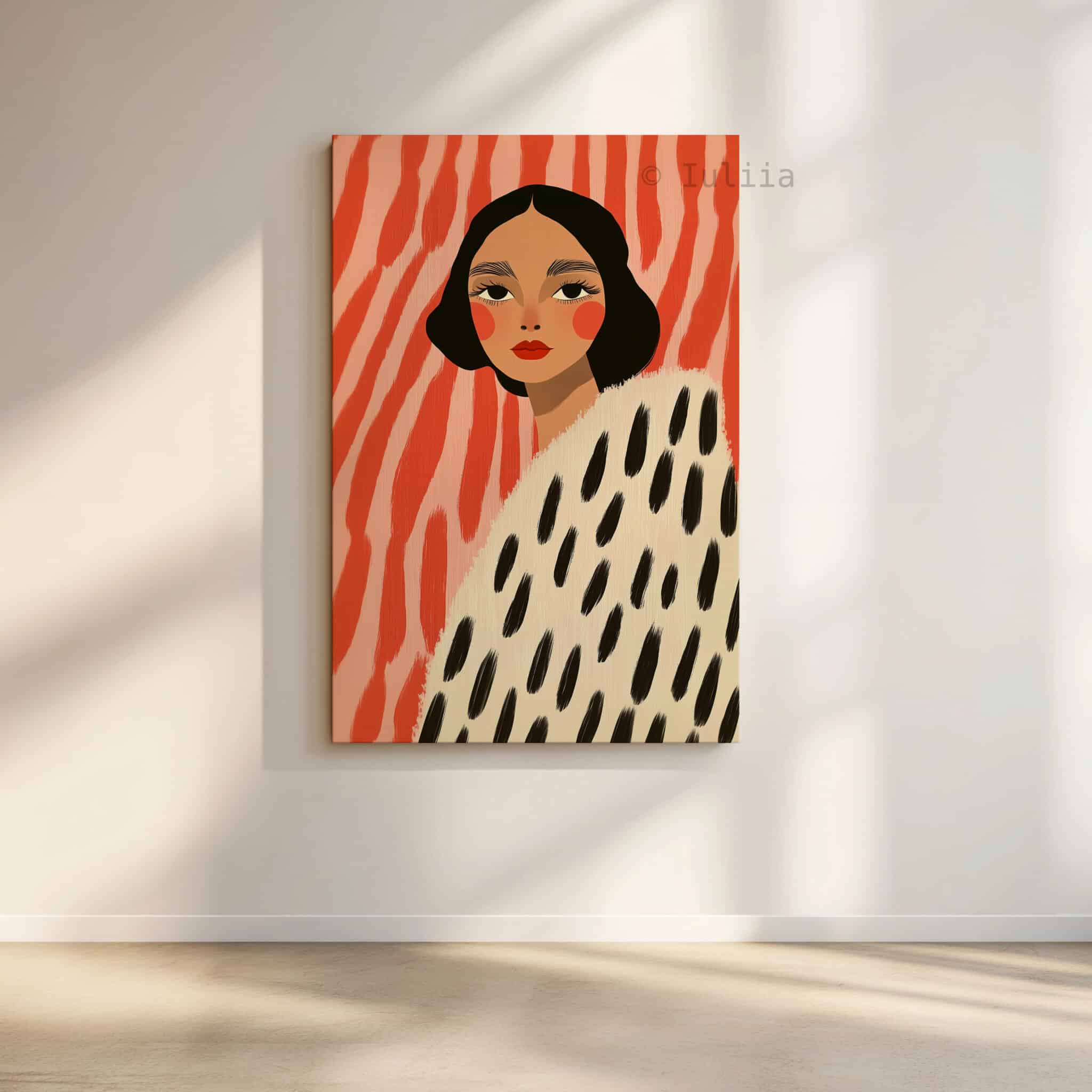 Canvas Boutique Wall Art, Modern Female Portrait Print with Coral Abstract Background, Contemporary Fashion Decor for Bedroom Studio