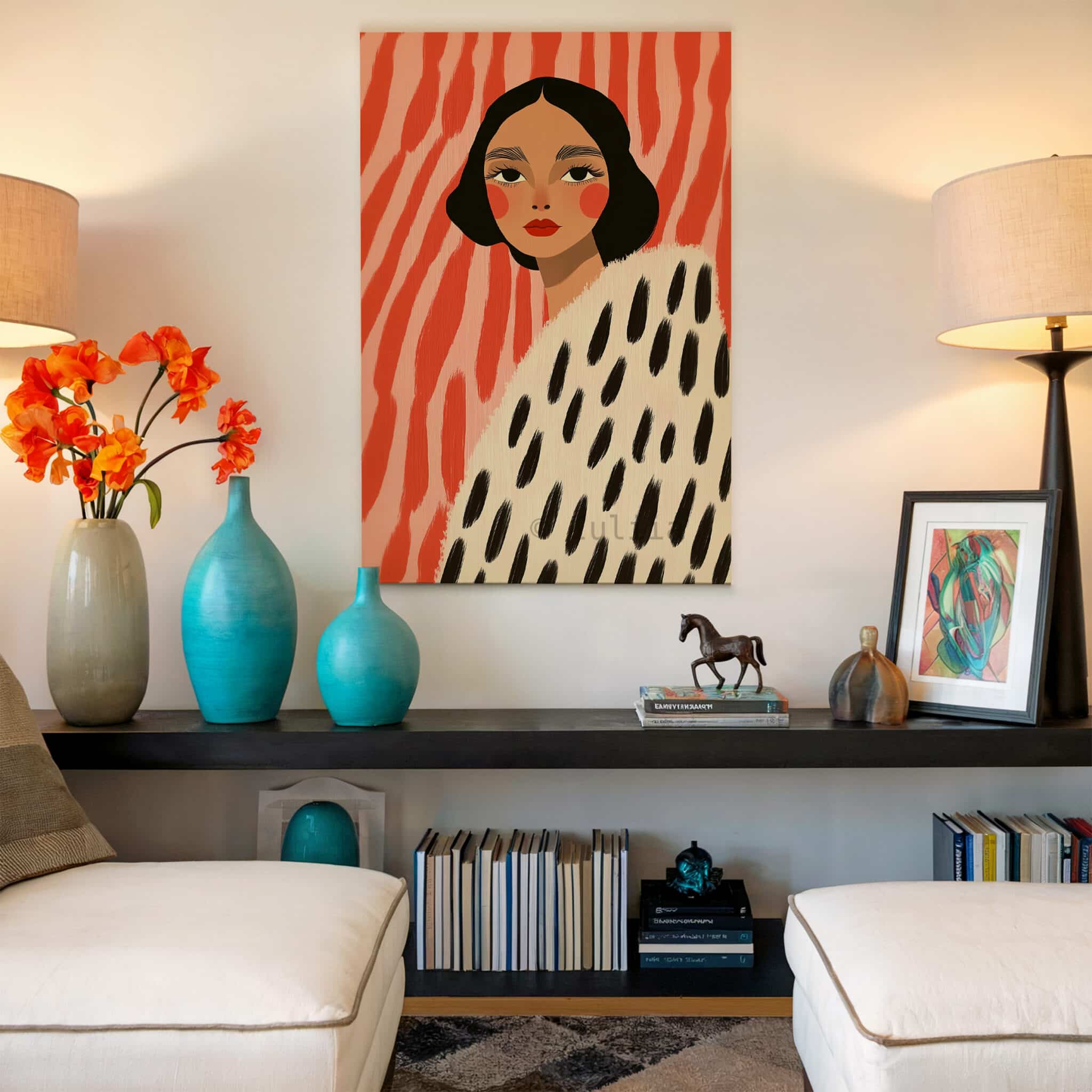 Canvas Boutique Wall Art, Modern Female Portrait Print with Coral Abstract Background, Contemporary Fashion Decor for Bedroom Studio - photo #17