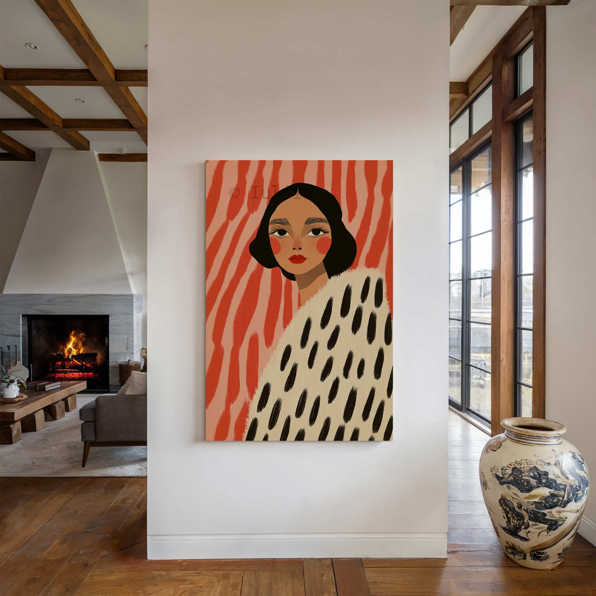 Canvas Boutique Wall Art, Modern Female Portrait Print with Coral Abstract Background, Contemporary Fashion Decor for Bedroom Studio - photo #4