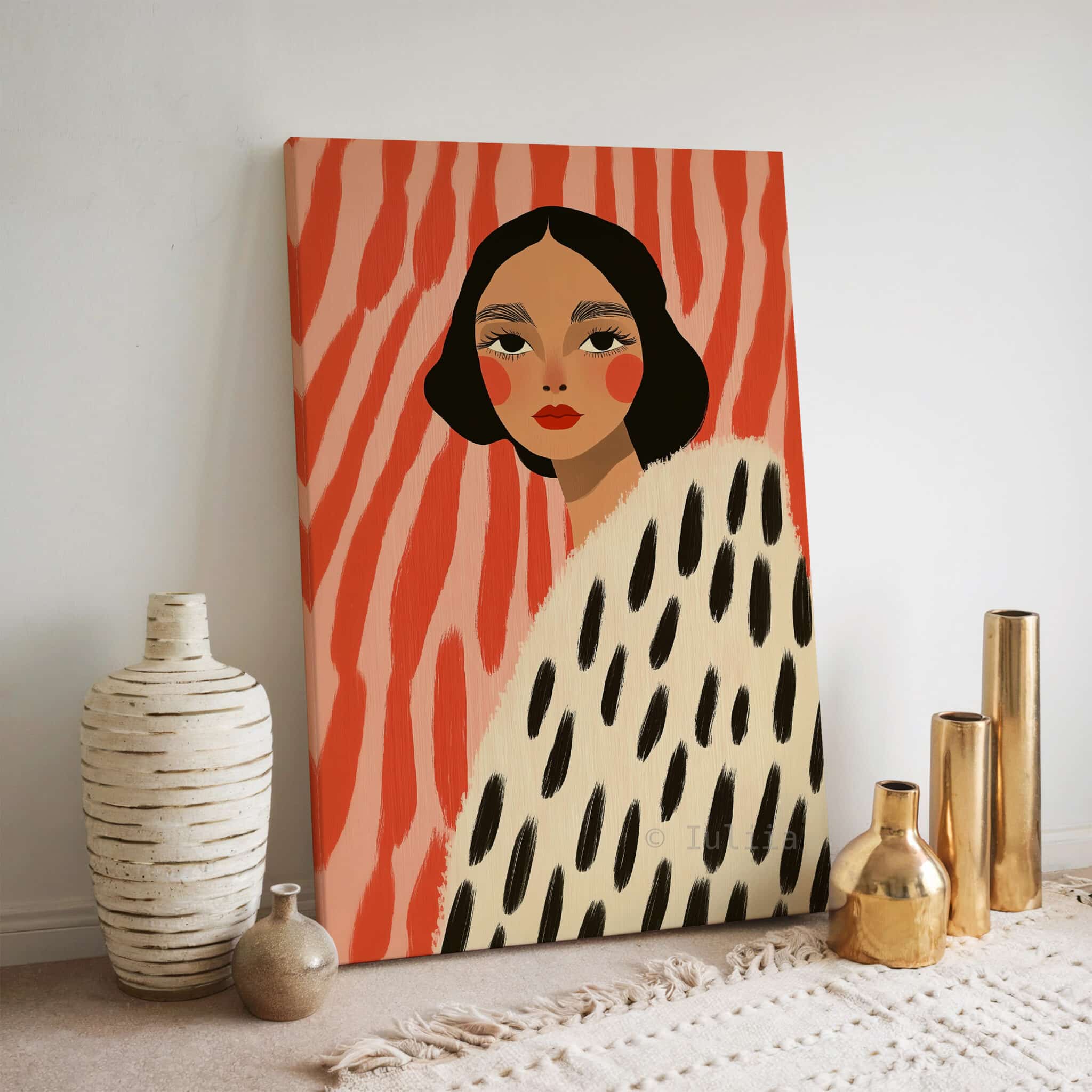 Canvas Boutique Wall Art, Modern Female Portrait Print with Coral Abstract Background, Contemporary Fashion Decor for Bedroom Studio - photo #6