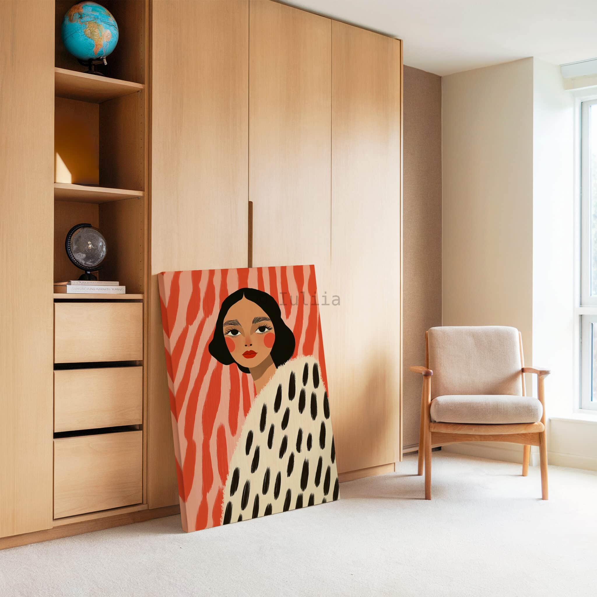 Canvas Boutique Wall Art, Modern Female Portrait Print with Coral Abstract Background, Contemporary Fashion Decor for Bedroom Studio - photo #3