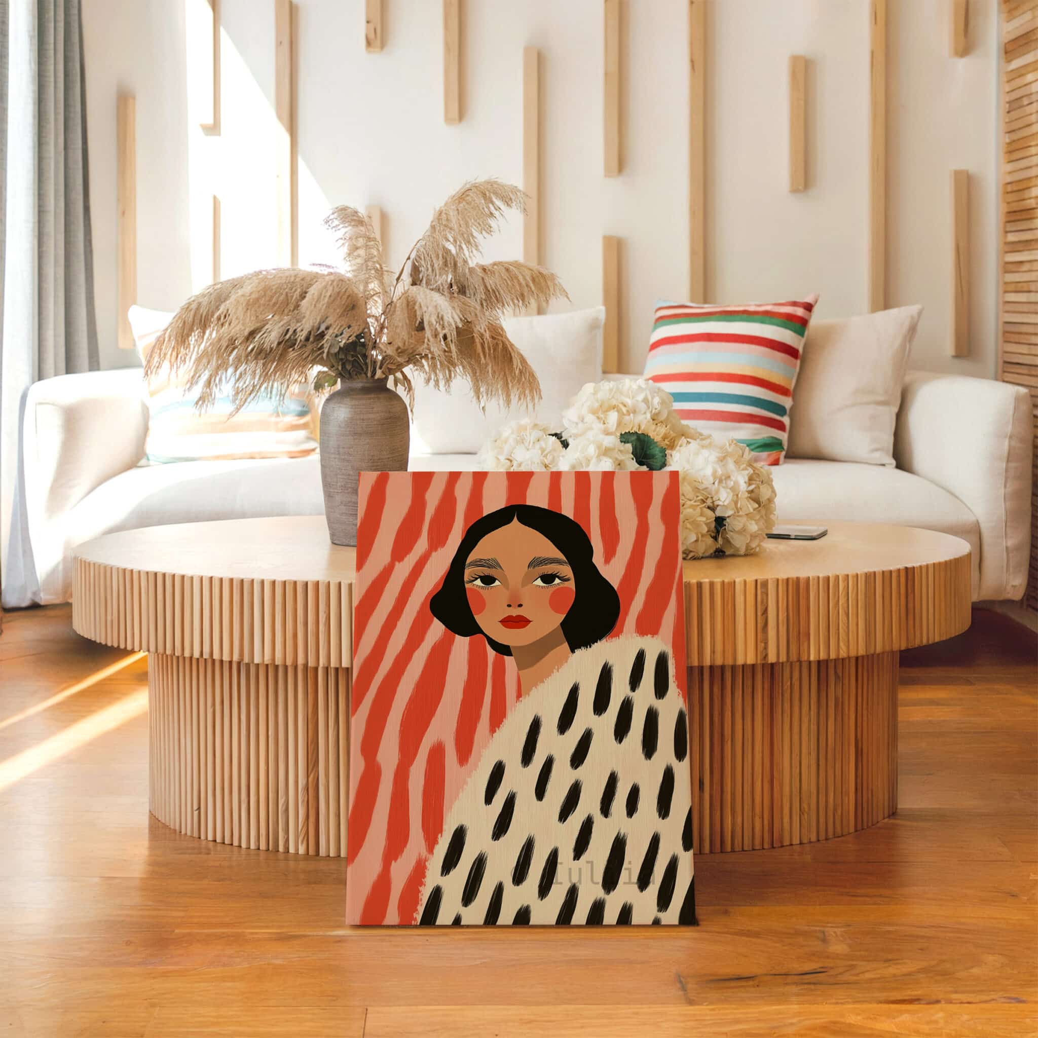 Canvas Boutique Wall Art, Modern Female Portrait Print with Coral Abstract Background, Contemporary Fashion Decor for Bedroom Studio - photo #13