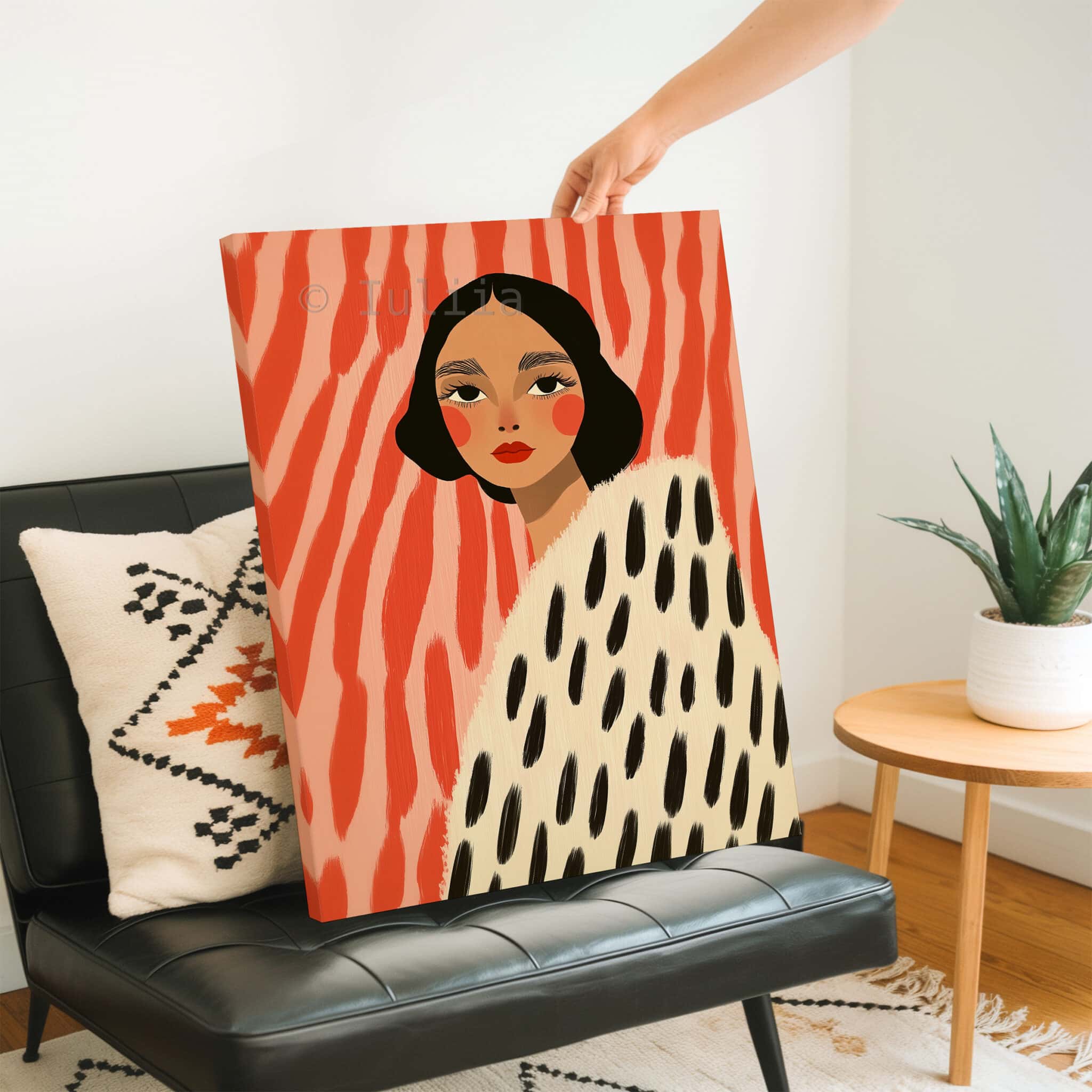Canvas Boutique Wall Art, Modern Female Portrait Print with Coral Abstract Background, Contemporary Fashion Decor for Bedroom Studio - photo #2