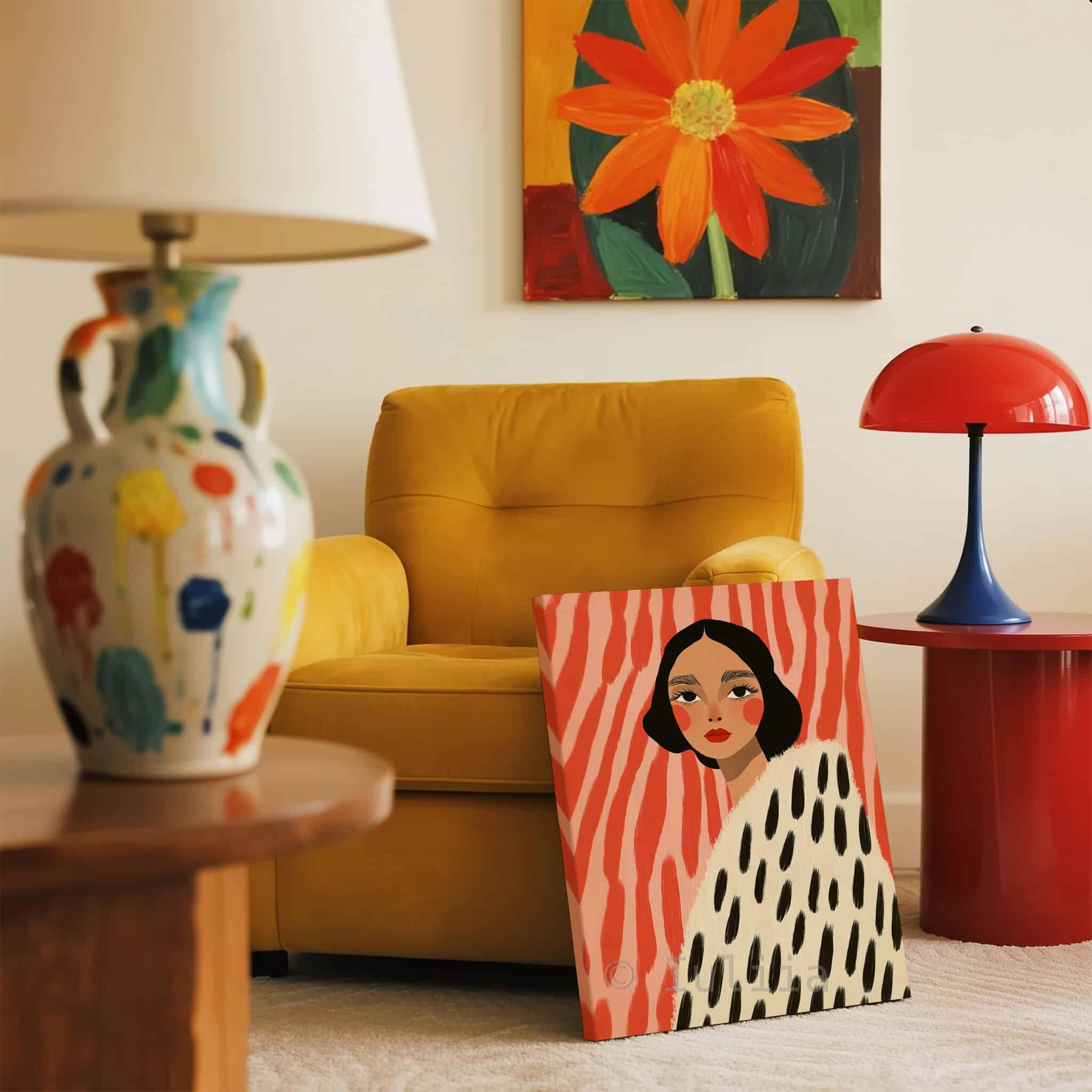 Canvas Boutique Wall Art, Modern Female Portrait Print with Coral Abstract Background, Contemporary Fashion Decor for Bedroom Studio - photo #11