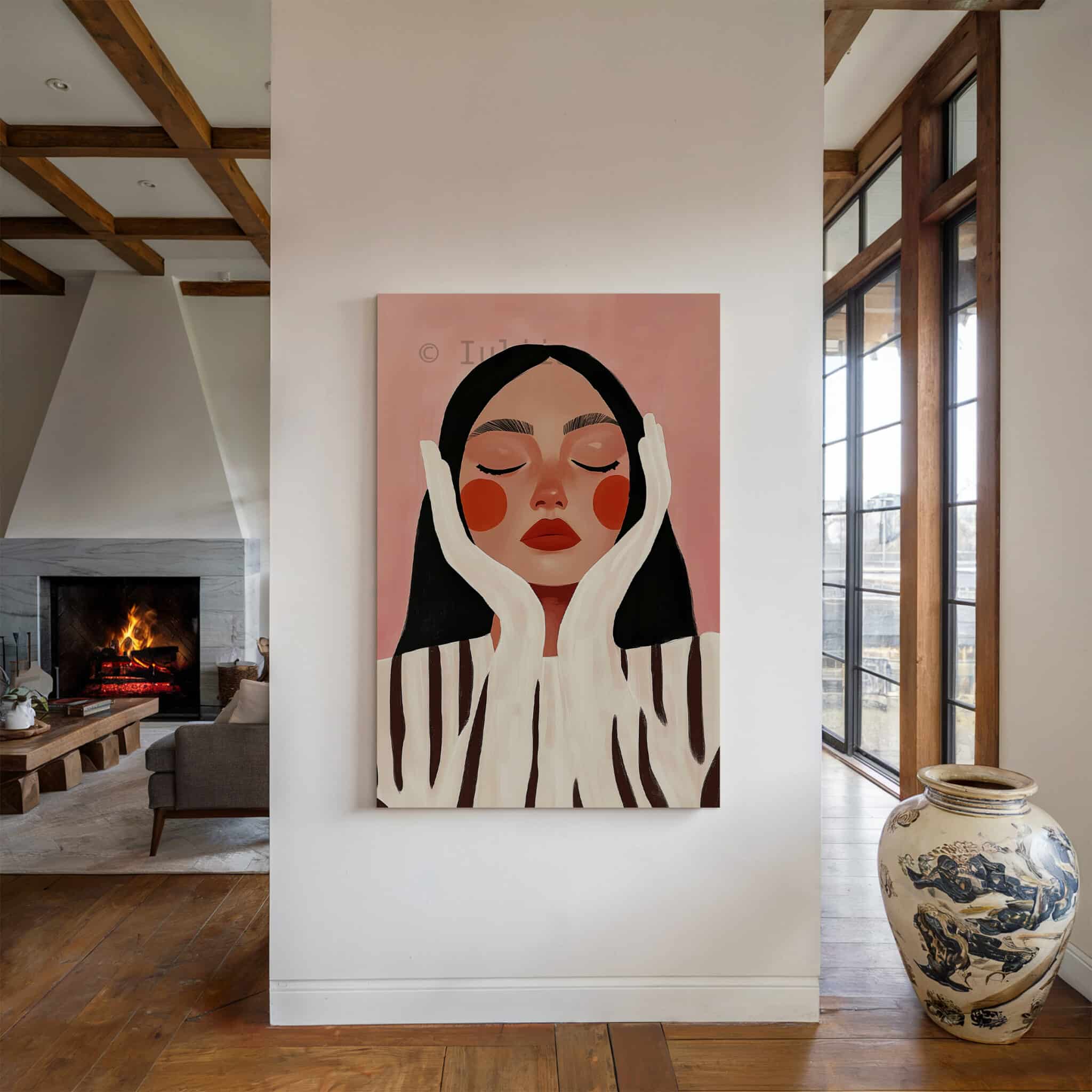 Canvas Serene Face Art, Modern Feminine Portrait with Closed Eyes, Minimal Blush Wall Decor for Bedroom, Beauty Studio and Living Room - photo #4