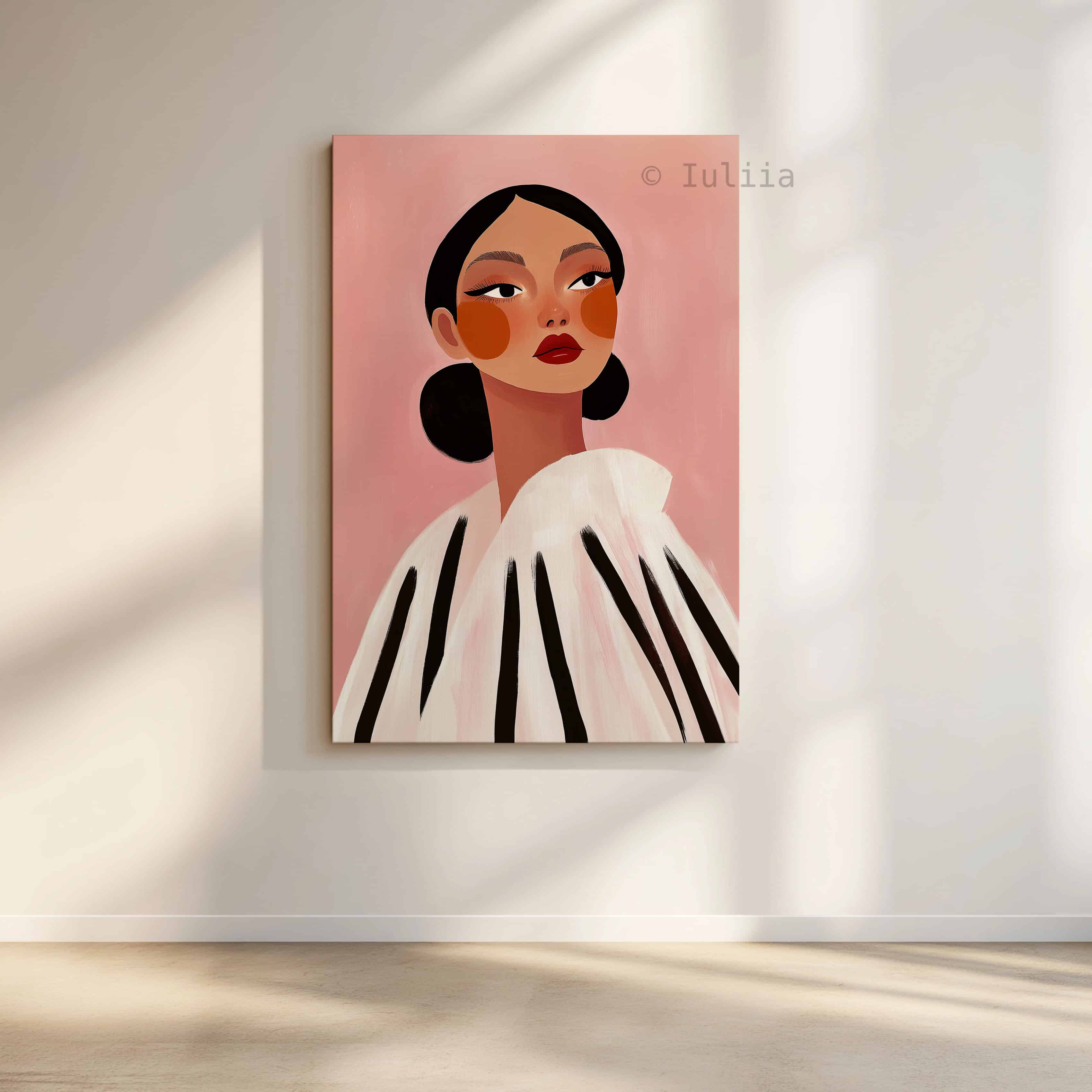 Canvas Elegant Portrait Art, Modern Feminine Wall Decor with Graphic Stripes, Chic Fashion Illustration for Bedroom, Beauty Studio