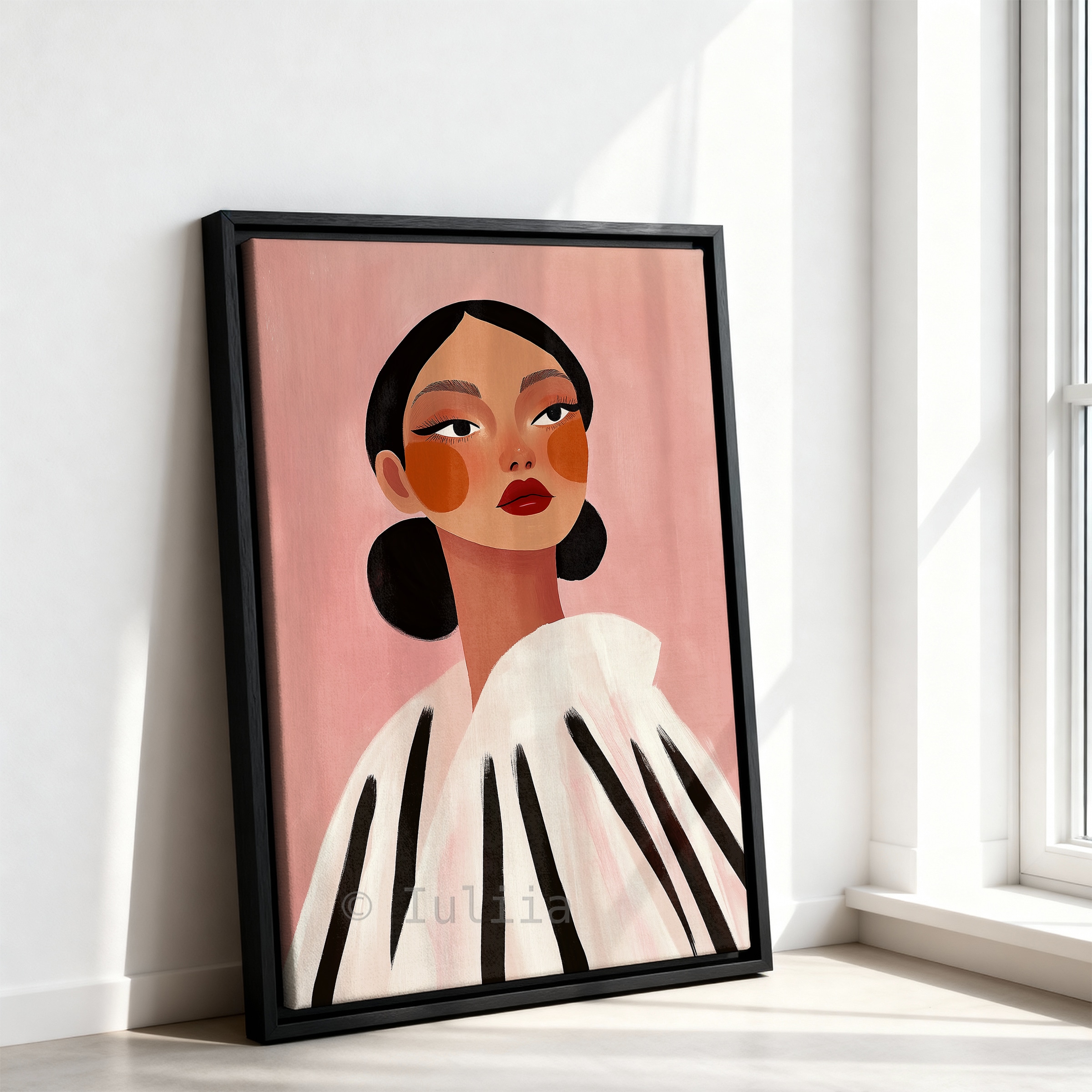 Canvas Elegant Portrait Art, Modern Feminine Wall Decor with Graphic Stripes, Chic Fashion Illustration for Bedroom, Beauty Studio - photo #11