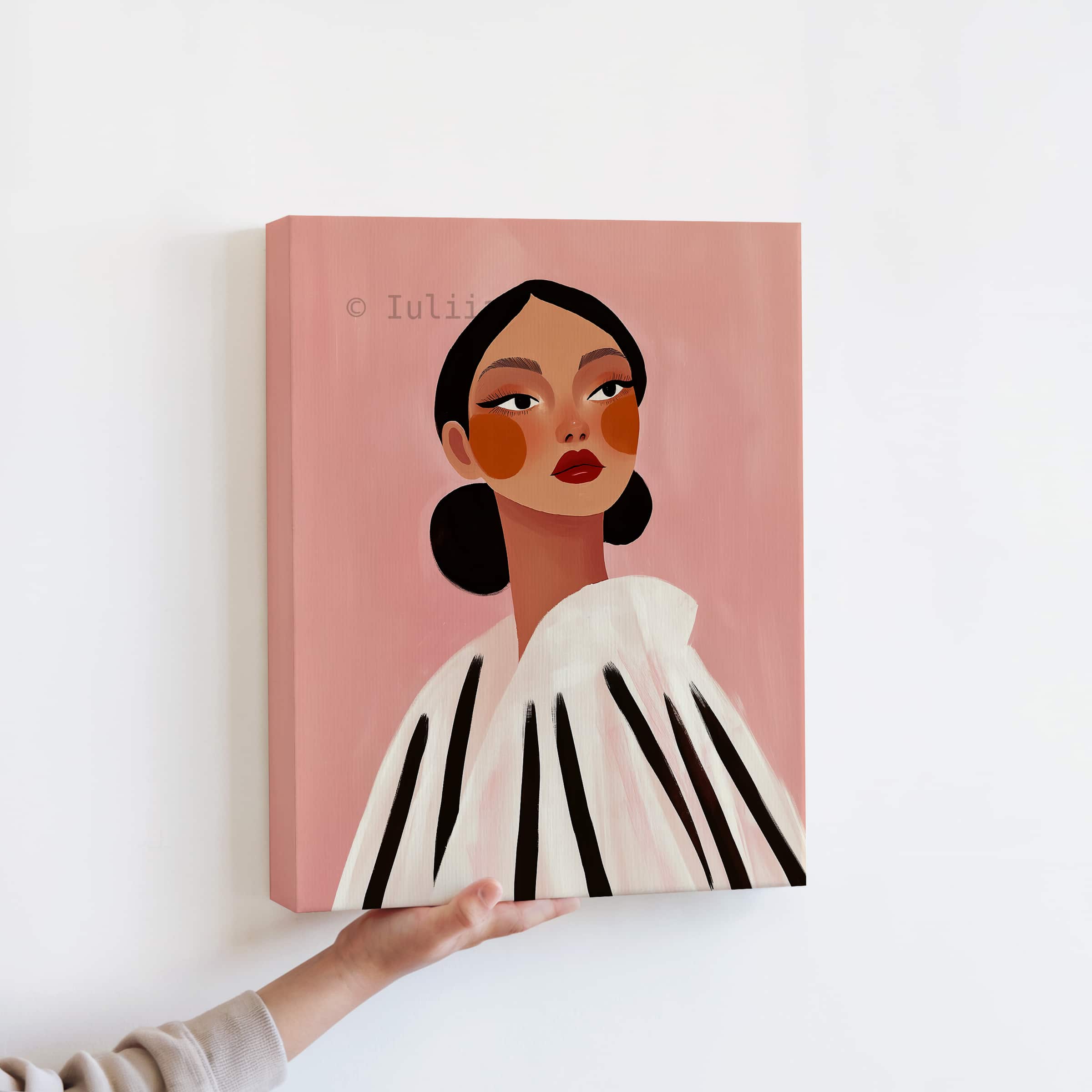 Canvas Elegant Portrait Art, Modern Feminine Wall Decor with Graphic Stripes, Chic Fashion Illustration for Bedroom, Beauty Studio - photo #13