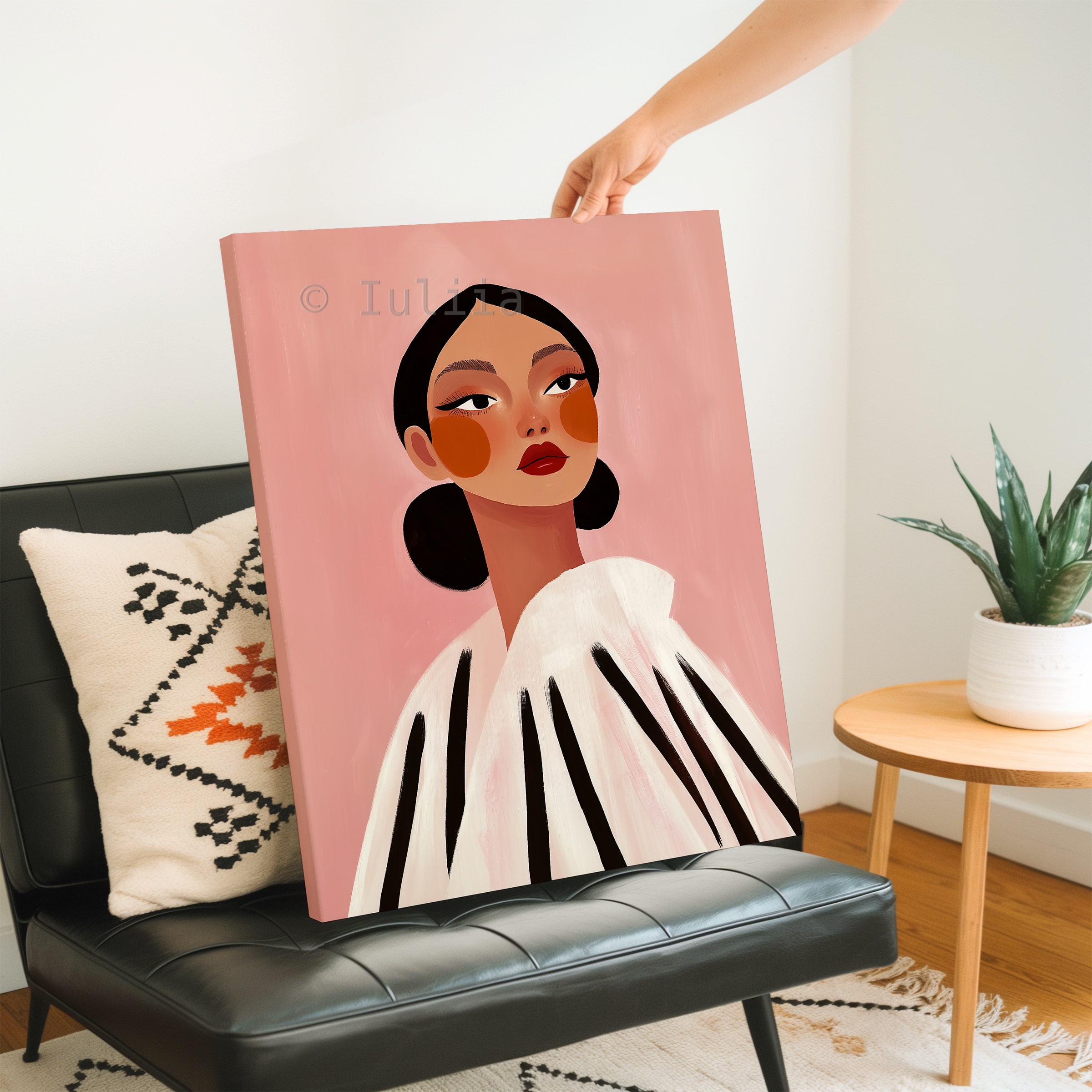 Canvas Elegant Portrait Art, Modern Feminine Wall Decor with Graphic Stripes, Chic Fashion Illustration for Bedroom, Beauty Studio - photo #2