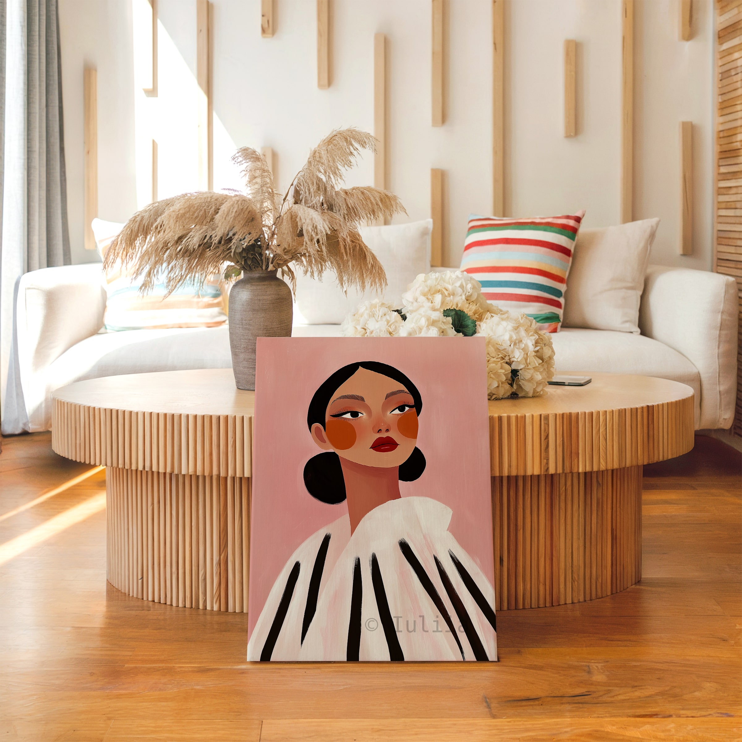Canvas Elegant Portrait Art, Modern Feminine Wall Decor with Graphic Stripes, Chic Fashion Illustration for Bedroom, Beauty Studio - photo #14
