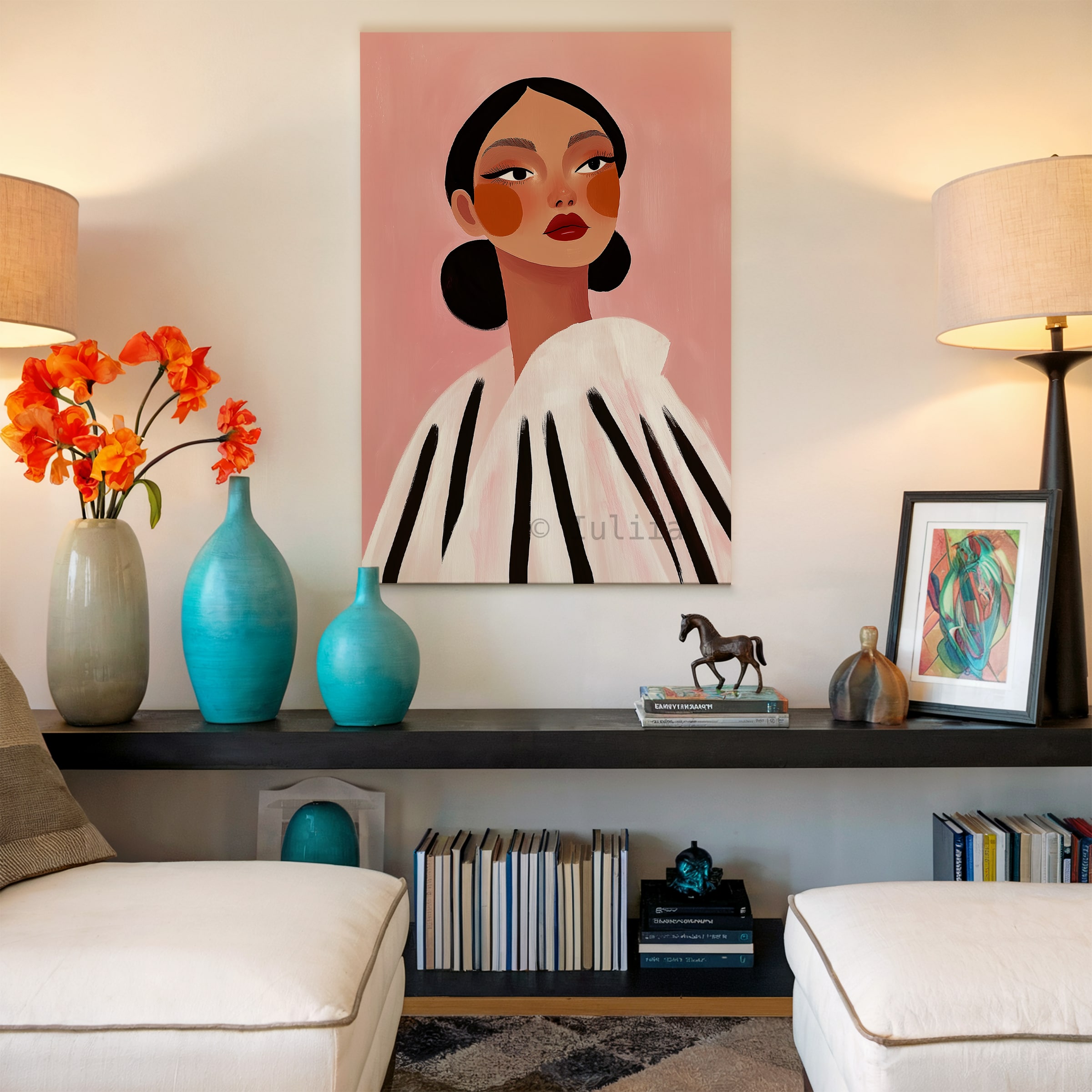 Canvas Elegant Portrait Art, Modern Feminine Wall Decor with Graphic Stripes, Chic Fashion Illustration for Bedroom, Beauty Studio - photo #17