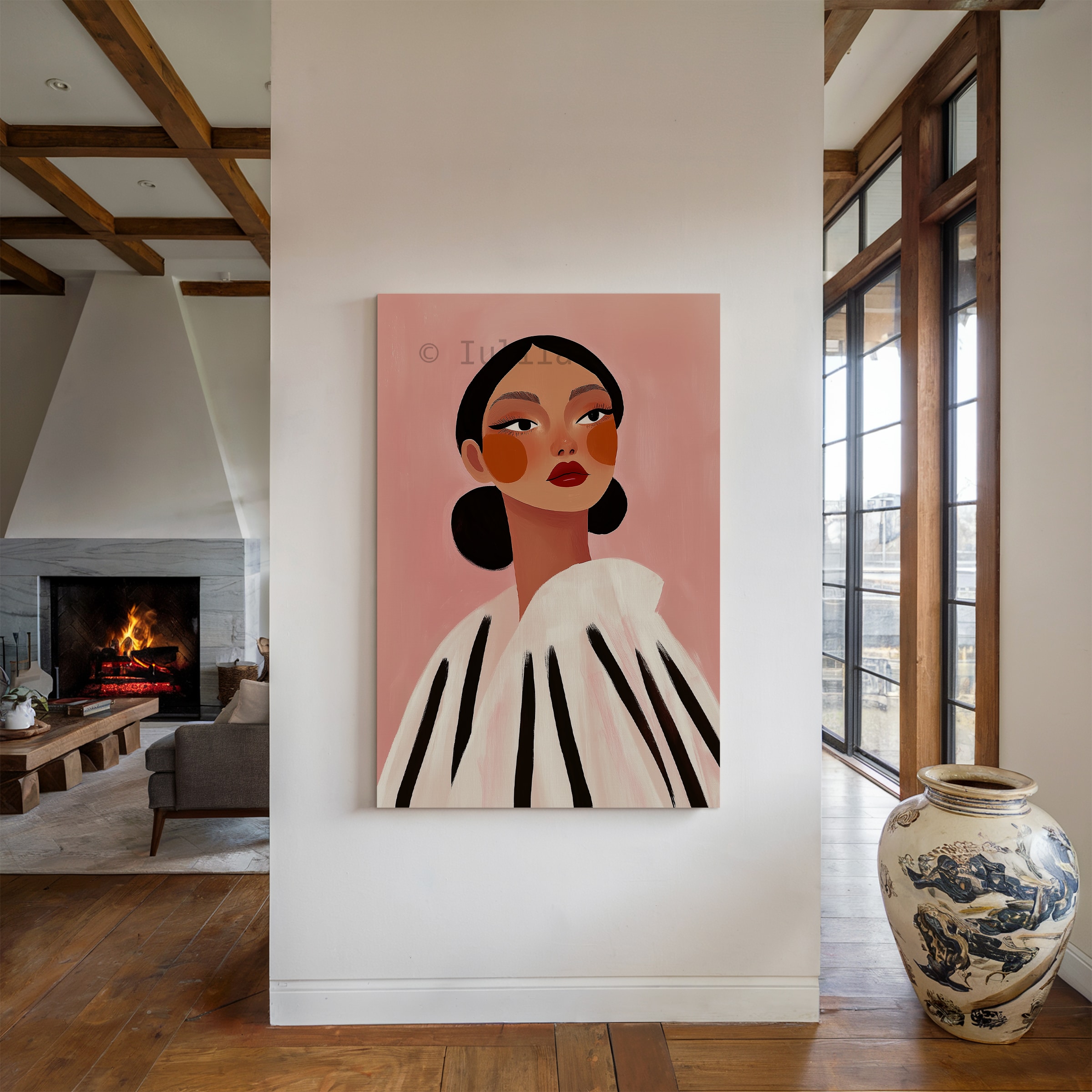 Canvas Elegant Portrait Art, Modern Feminine Wall Decor with Graphic Stripes, Chic Fashion Illustration for Bedroom, Beauty Studio - photo #4