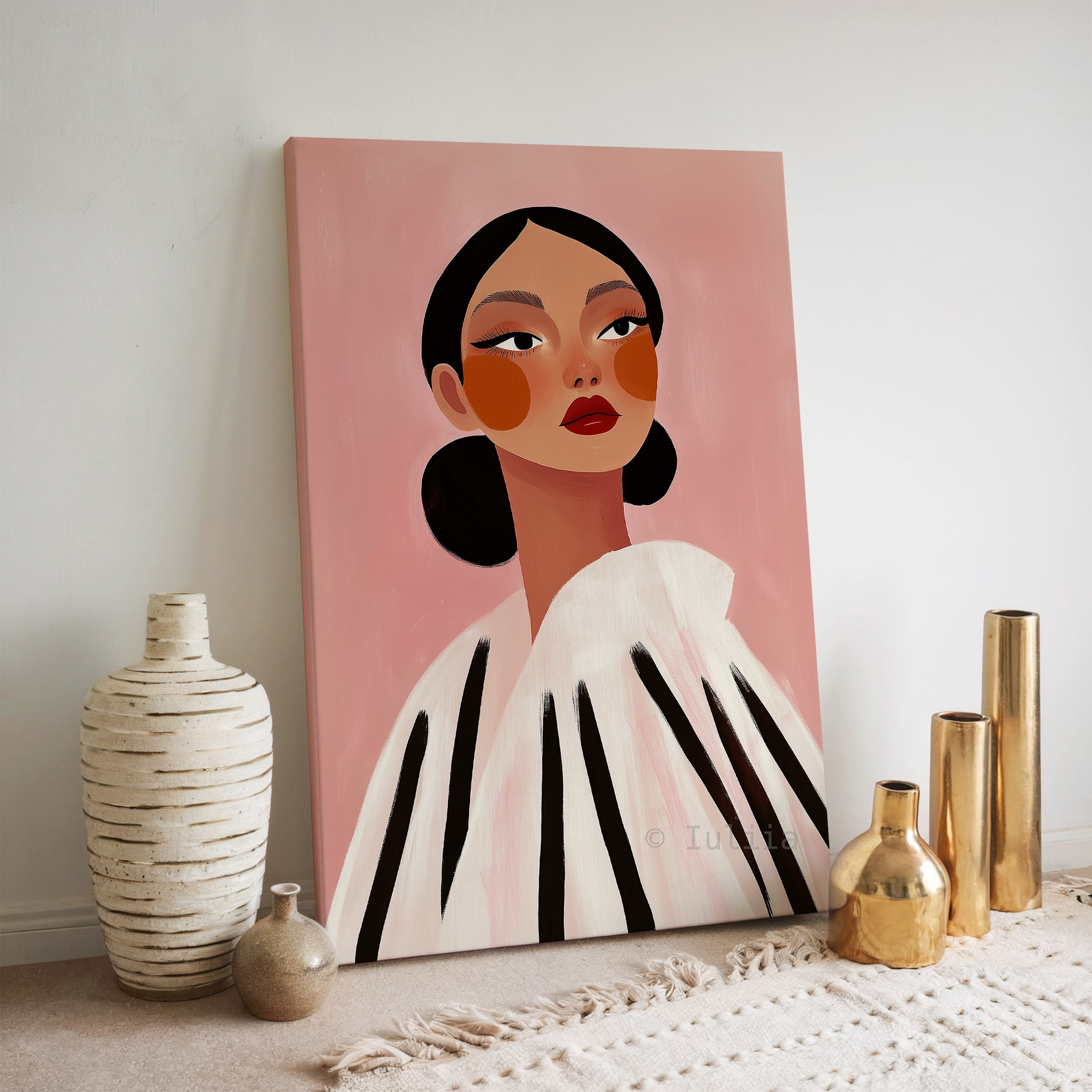 Canvas Elegant Portrait Art, Modern Feminine Wall Decor with Graphic Stripes, Chic Fashion Illustration for Bedroom, Beauty Studio - photo #6