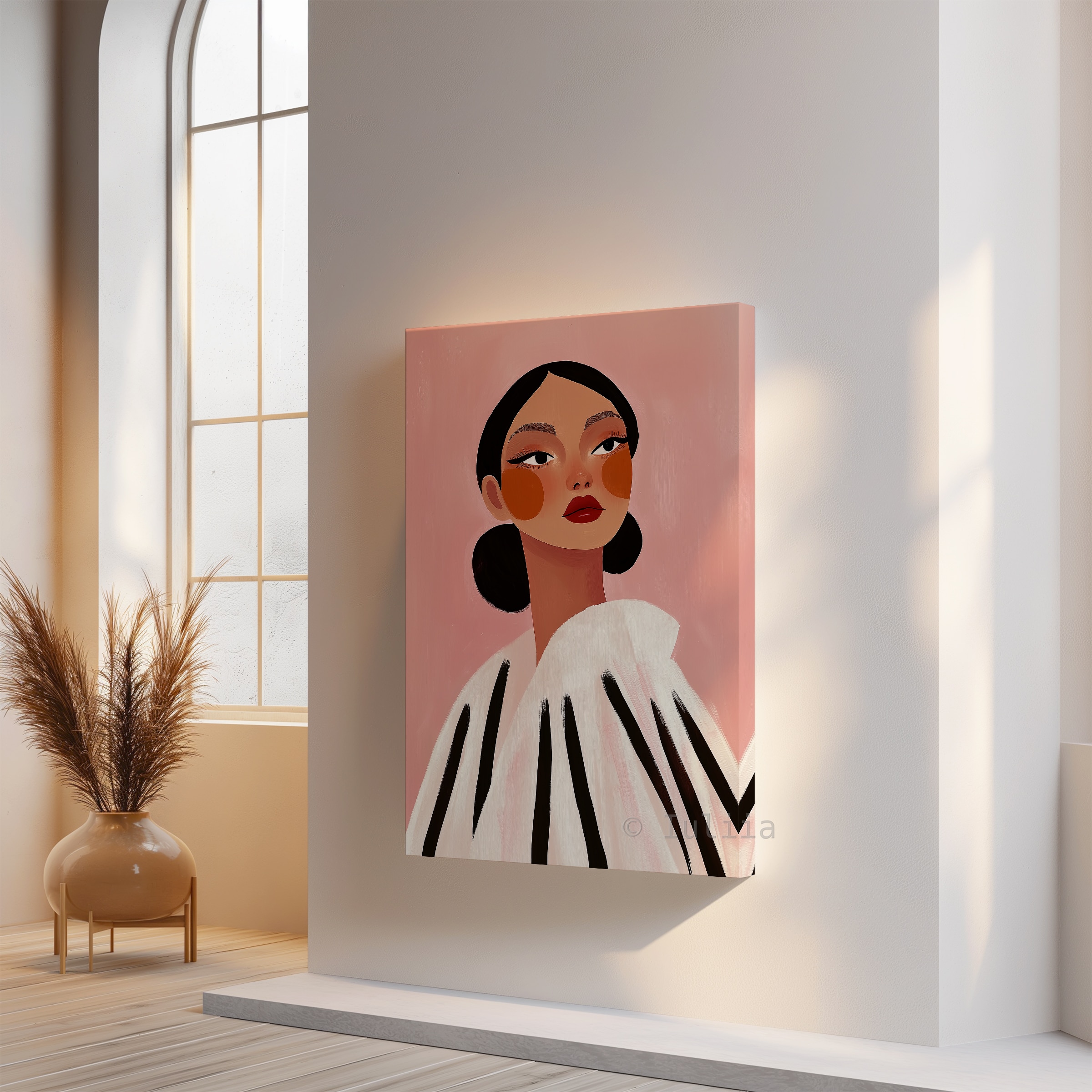 Canvas Elegant Portrait Art, Modern Feminine Wall Decor with Graphic Stripes, Chic Fashion Illustration for Bedroom, Beauty Studio - photo #15
