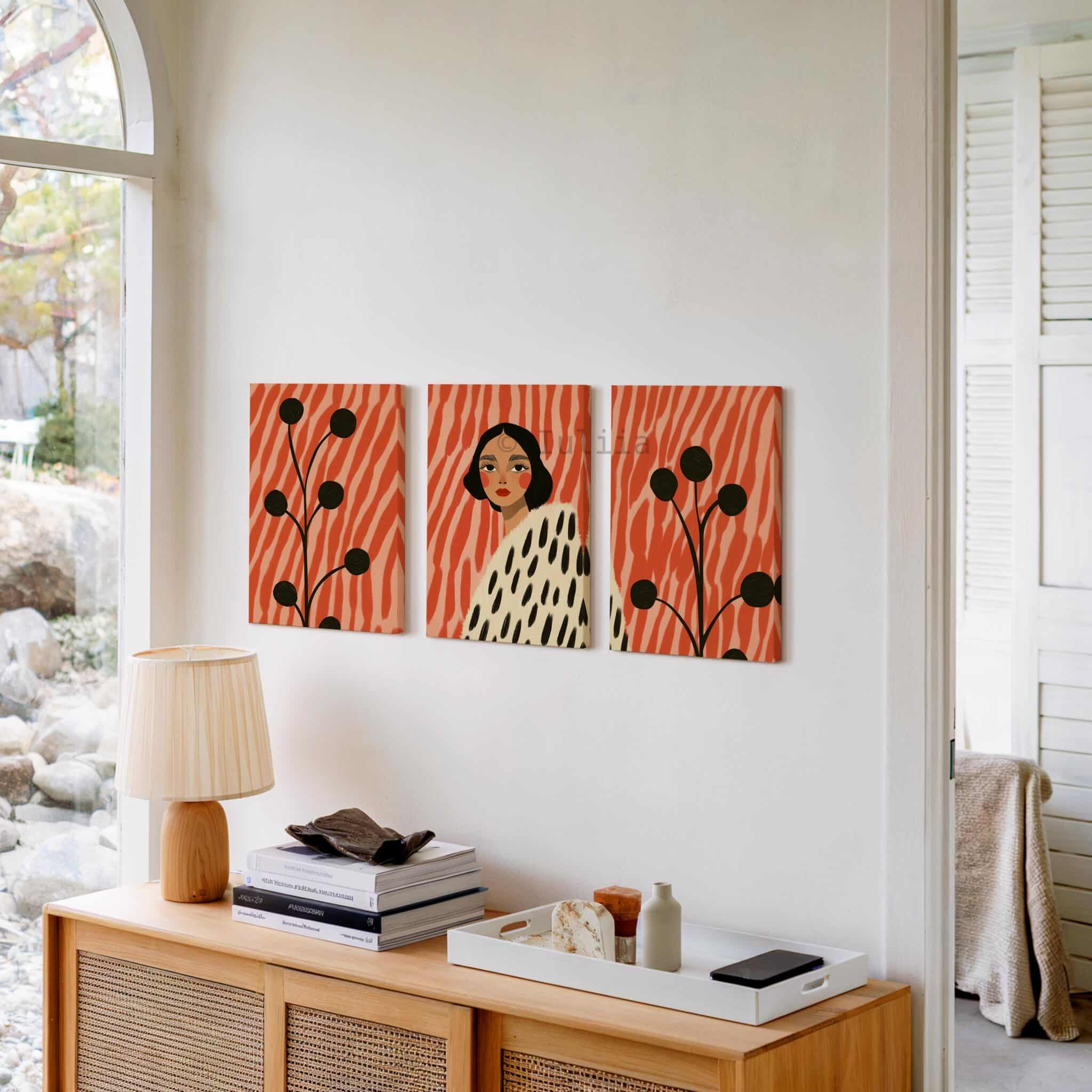 Stylish Woman Canvas Triptych, Contemporary Coral Portrait Set, Botanical Fashion Illustration, Modern Living Room Statement Wall Decor - photo #9
