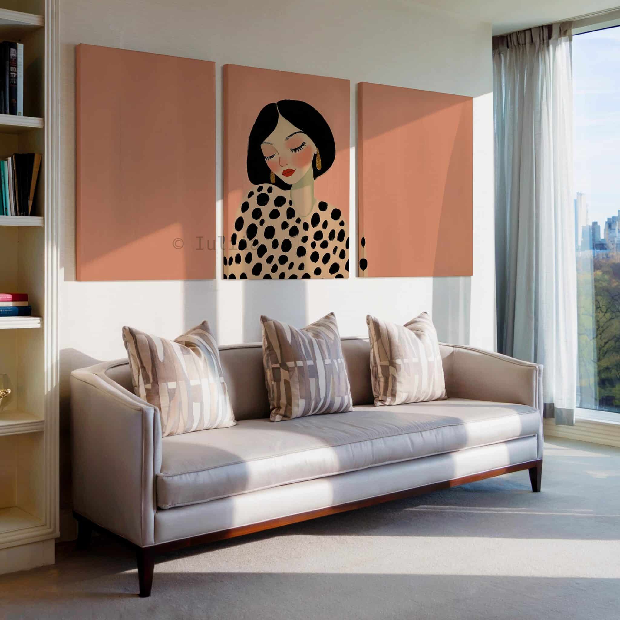 Fashion Portrait Canvas, Chic Polka Dot Woman Illustration Set, Large Contemporary Wall Decor, Blush Pink Artwork for Modern Home - photo #3
