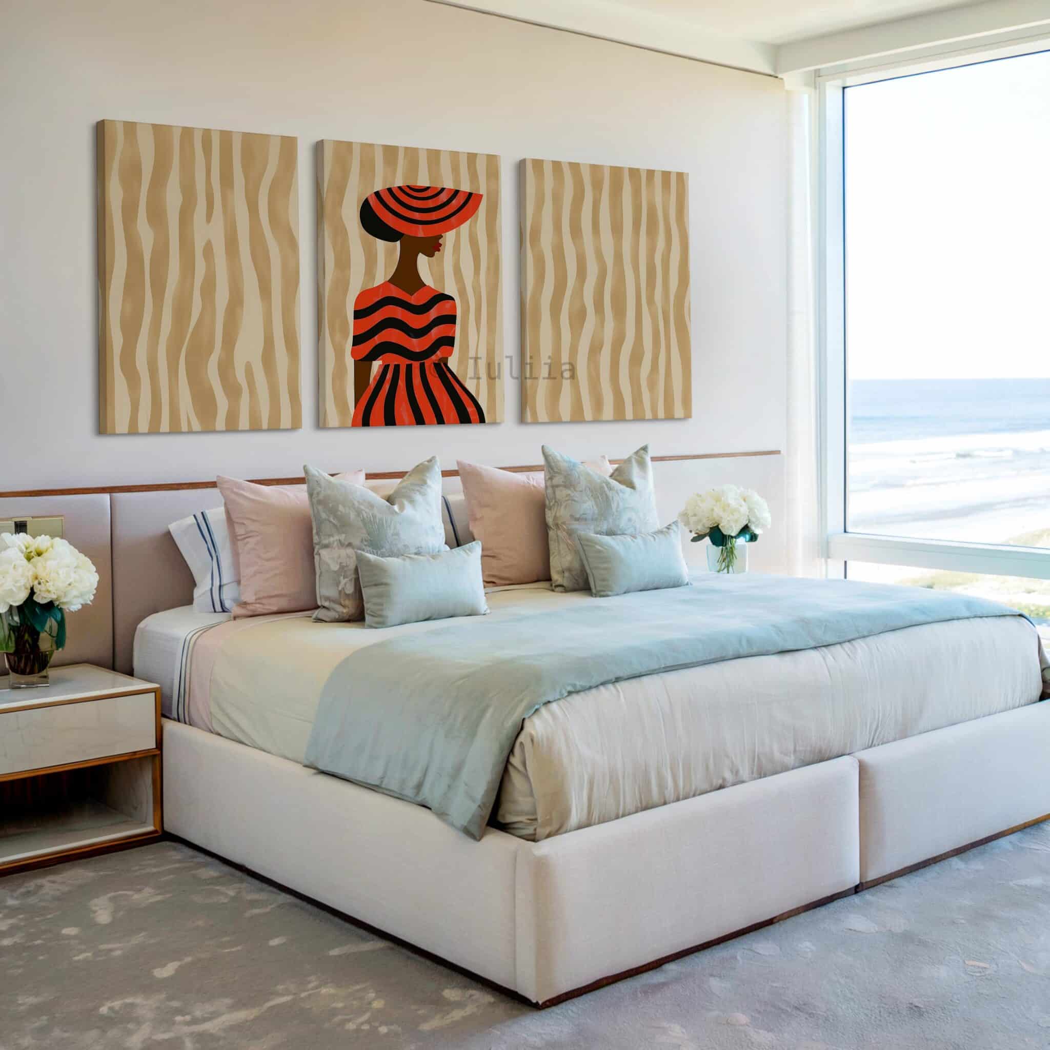 Fashion Illustration Set of 3 Canvas, Modern Woman Portrait Three Panels, Coral Graphic Artwork, Boutique Style Wall Decor for Living Room Bedroom - photo #2