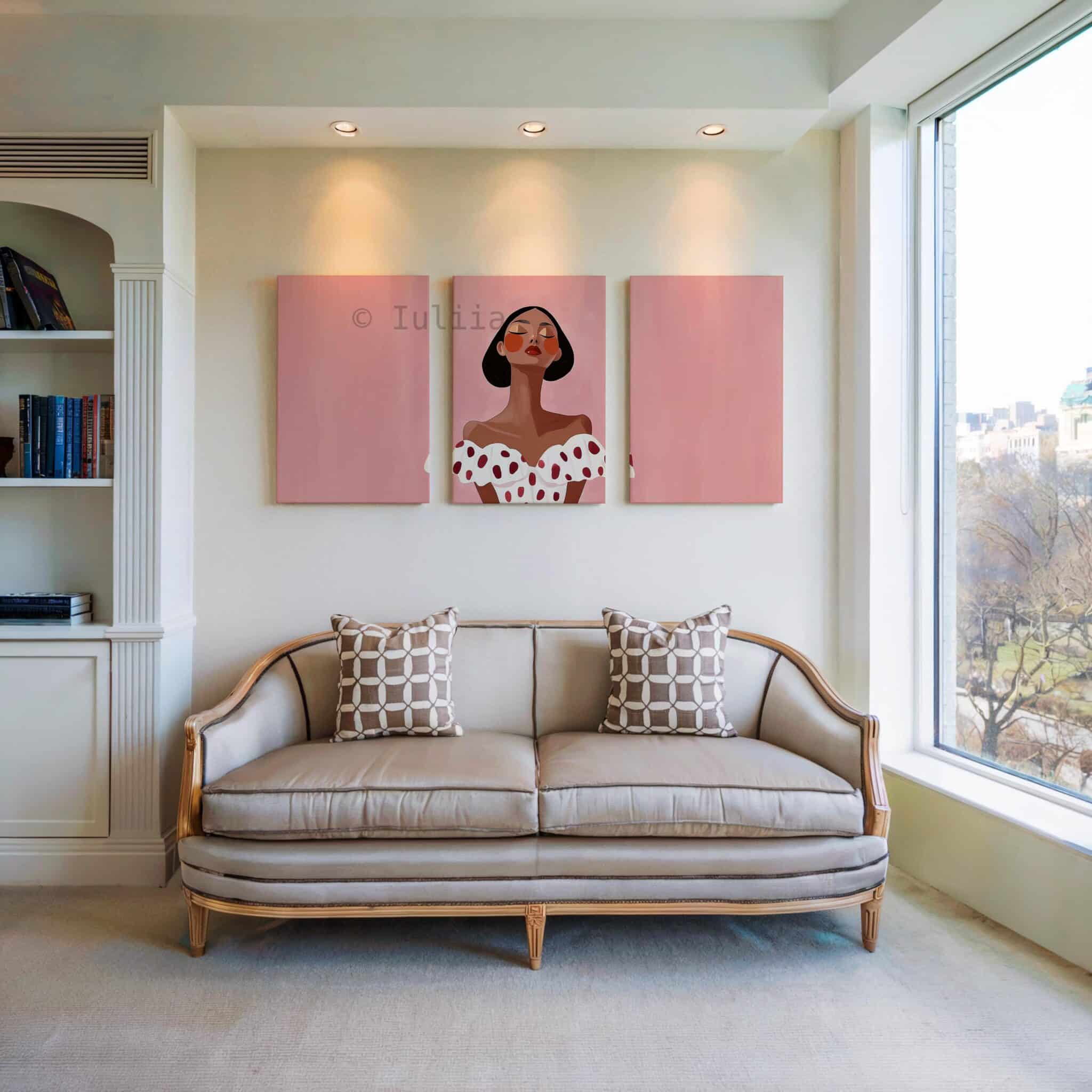 Elegant Woman Canvas Art, Minimalist Pink Portrait Triptych, Contemporary Feminine Wall Decor, Statement Artwork for Chic Bedroom Living Room - photo #2