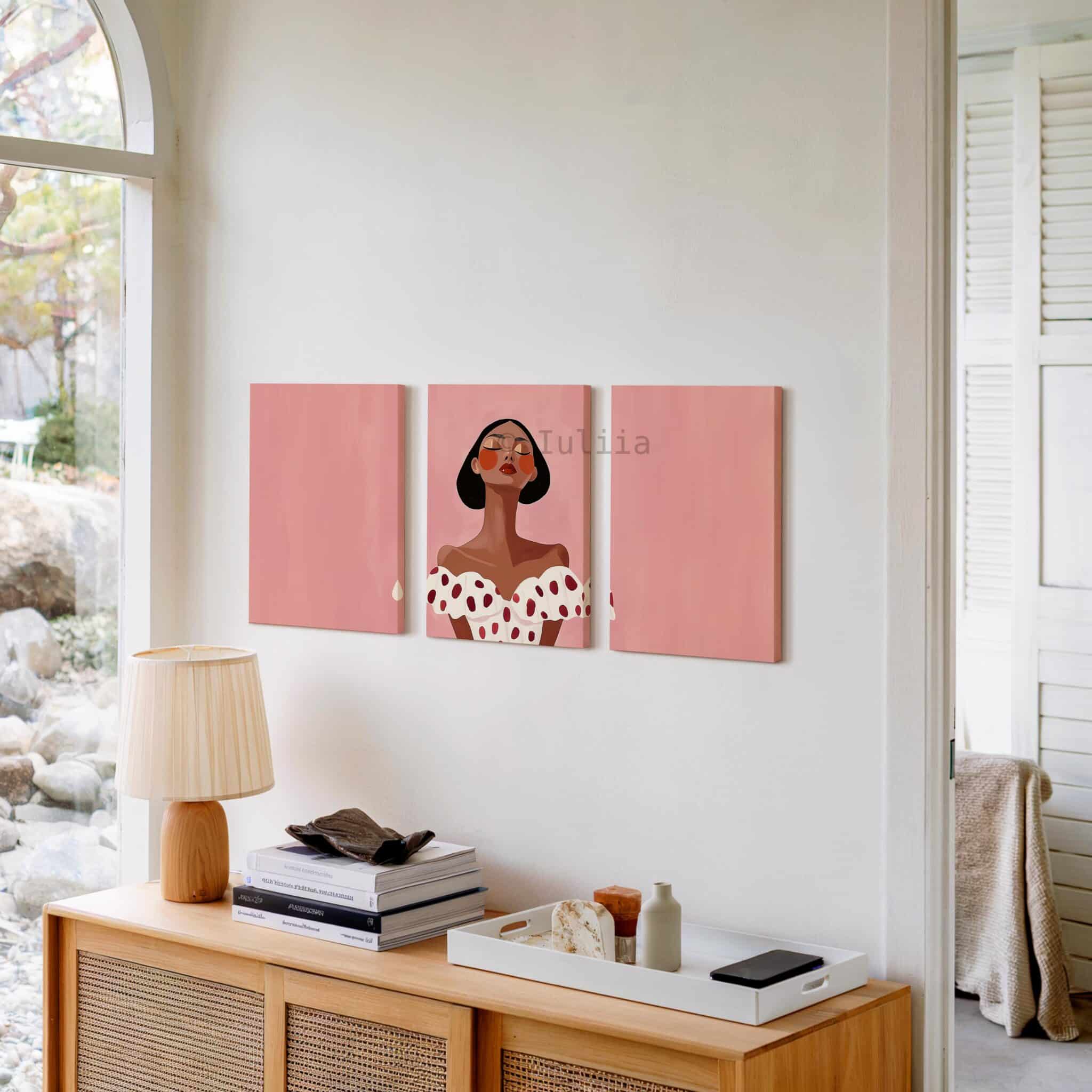 Elegant Woman Canvas Art, Minimalist Pink Portrait Triptych, Contemporary Feminine Wall Decor, Statement Artwork for Chic Bedroom Living Room - photo #9