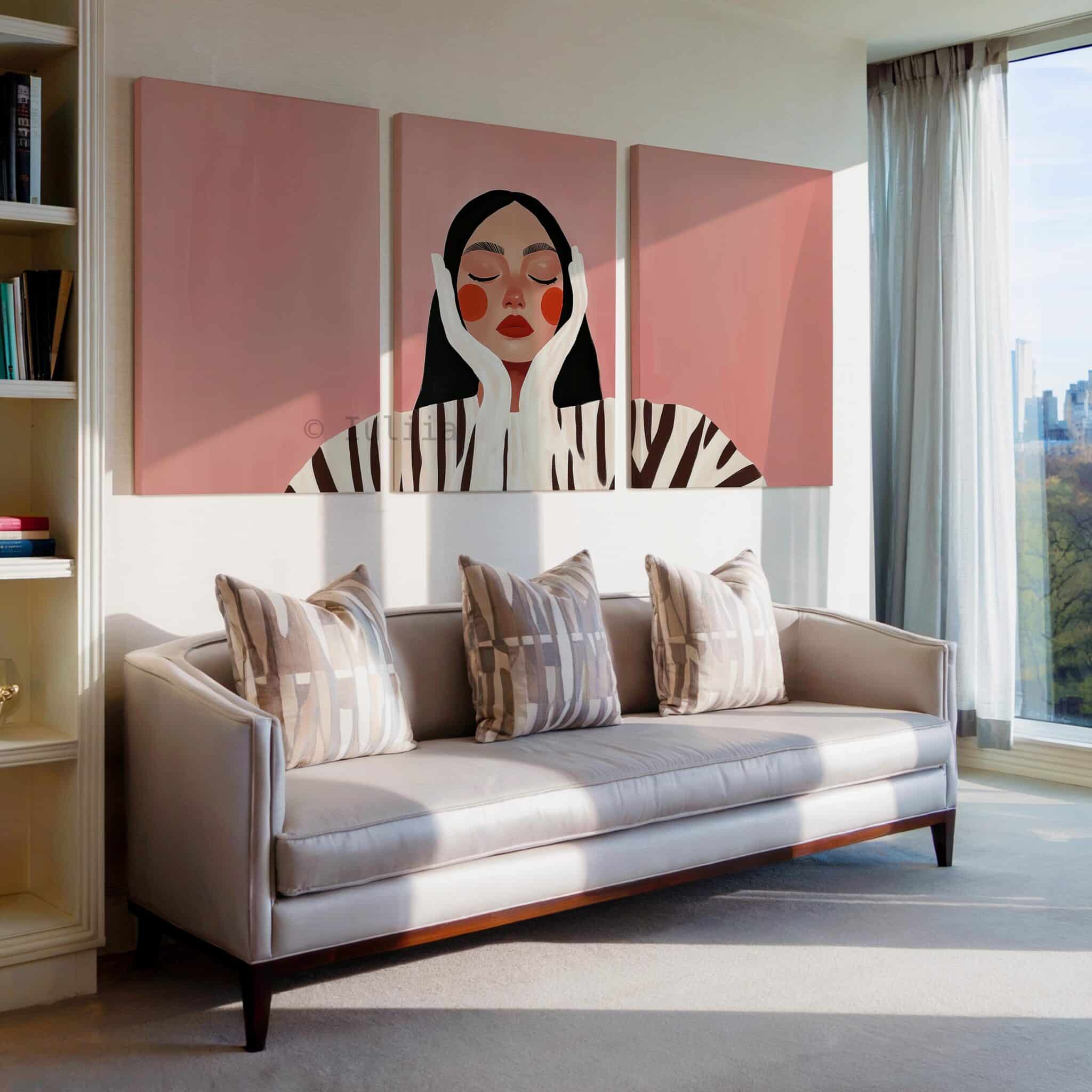 Serene Portrait Canvas Wall Art, Minimalist Blush Woman Illustration Set, Contemporary Pink Wall Decor, Peaceful Bedroom Living Room Artwork - photo #2