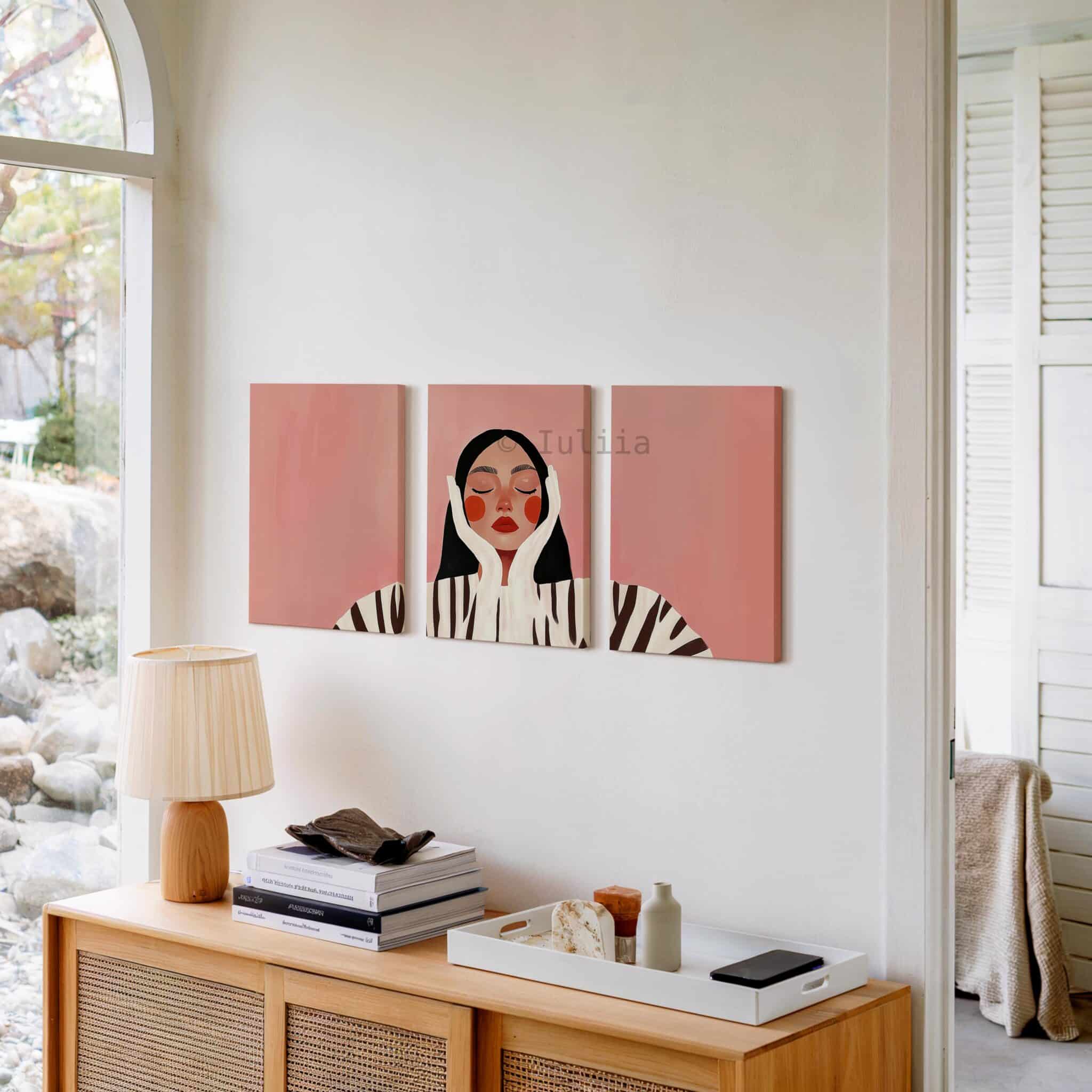 Serene Portrait Canvas Wall Art, Minimalist Blush Woman Illustration Set, Contemporary Pink Wall Decor, Peaceful Bedroom Living Room Artwork - photo #9