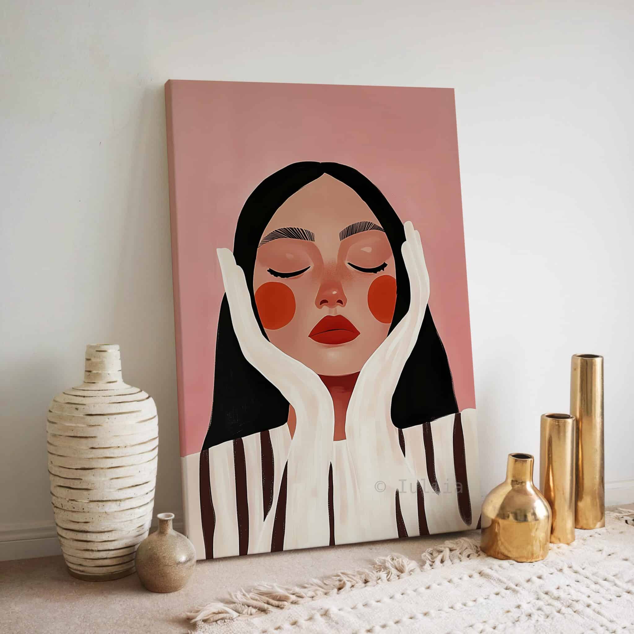 Serene Portrait Canvas Wall Art, Minimalist Blush Woman Illustration Set, Contemporary Pink Wall Decor, Peaceful Bedroom Living Room Artwork - photo #13