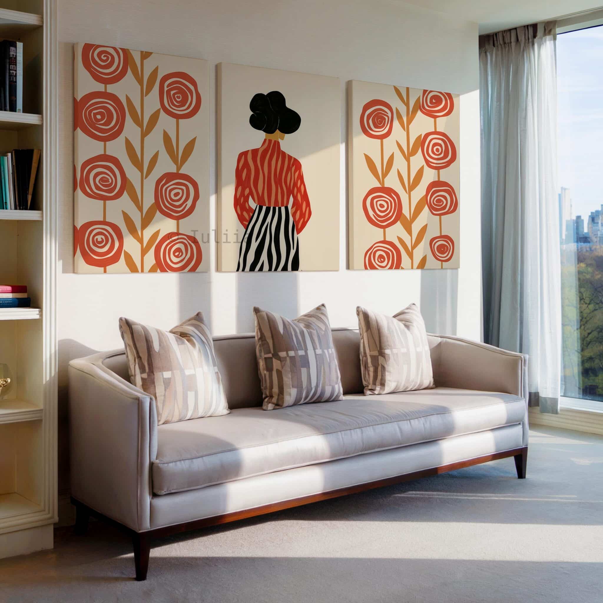 Stylish Woman Three Panels Canvas, Floral Fashion Illustration, Contemporary Portrait Artwork, Neutral Living Room Decor, Three Panel Wall Design - photo #3