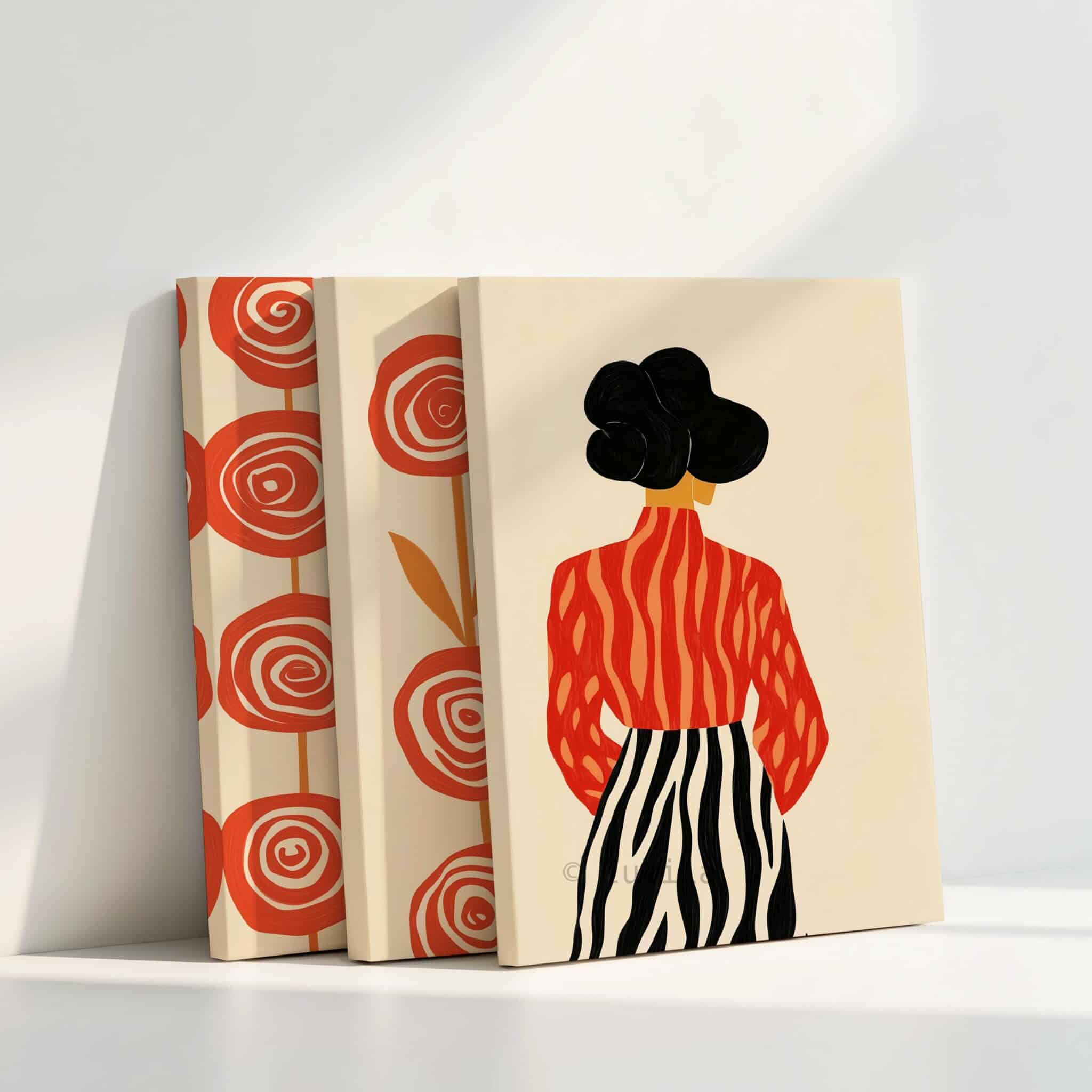 Stylish Woman Three Panels Canvas, Floral Fashion Illustration, Contemporary Portrait Artwork, Neutral Living Room Decor, Three Panel Wall Design - photo #4