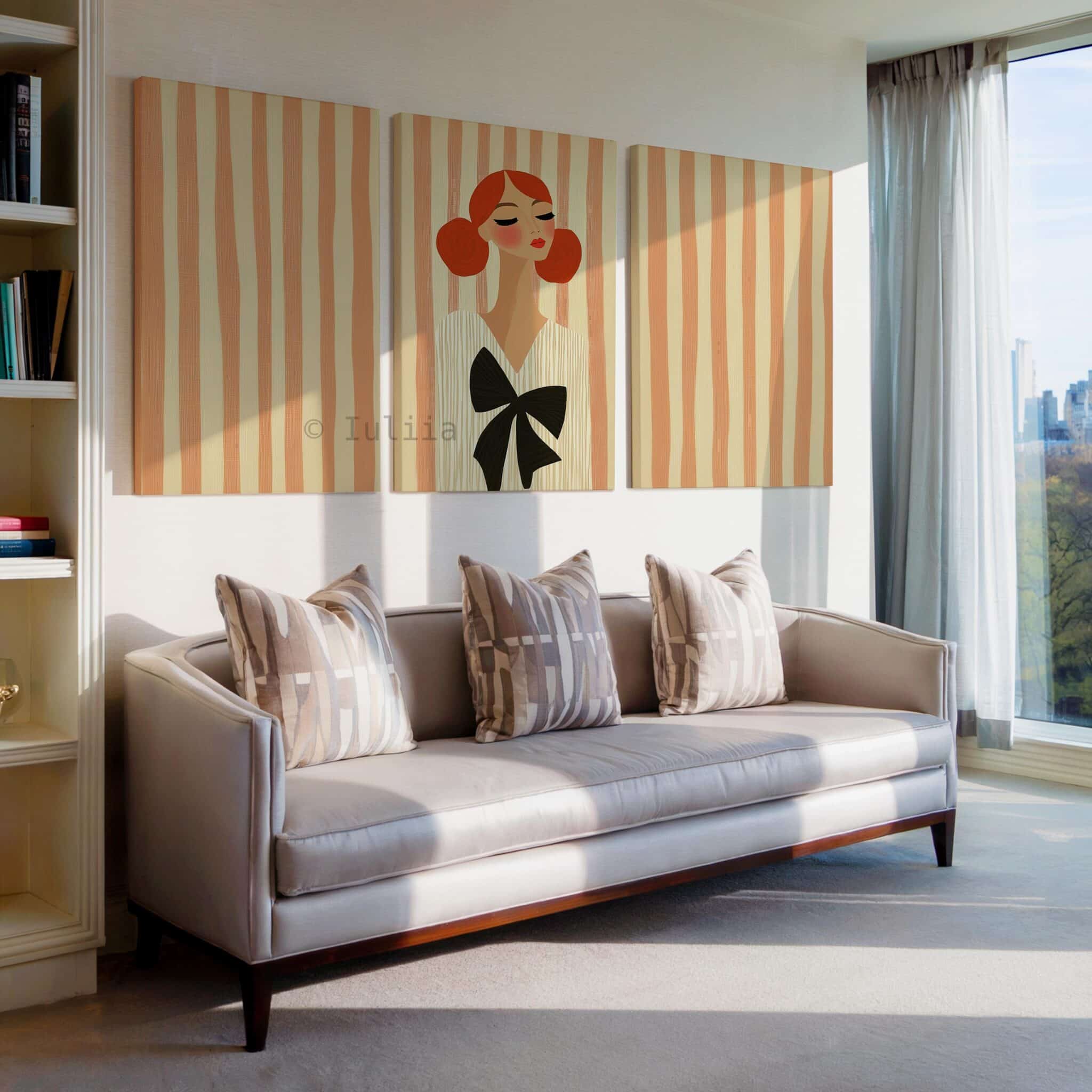 Bow Fashion Triptych Canvas, Elegant Woman Portrait, Contemporary Feminine Wall Decor, Chic Bedroom Statement Artwork, Three Panel Artwork - photo #3