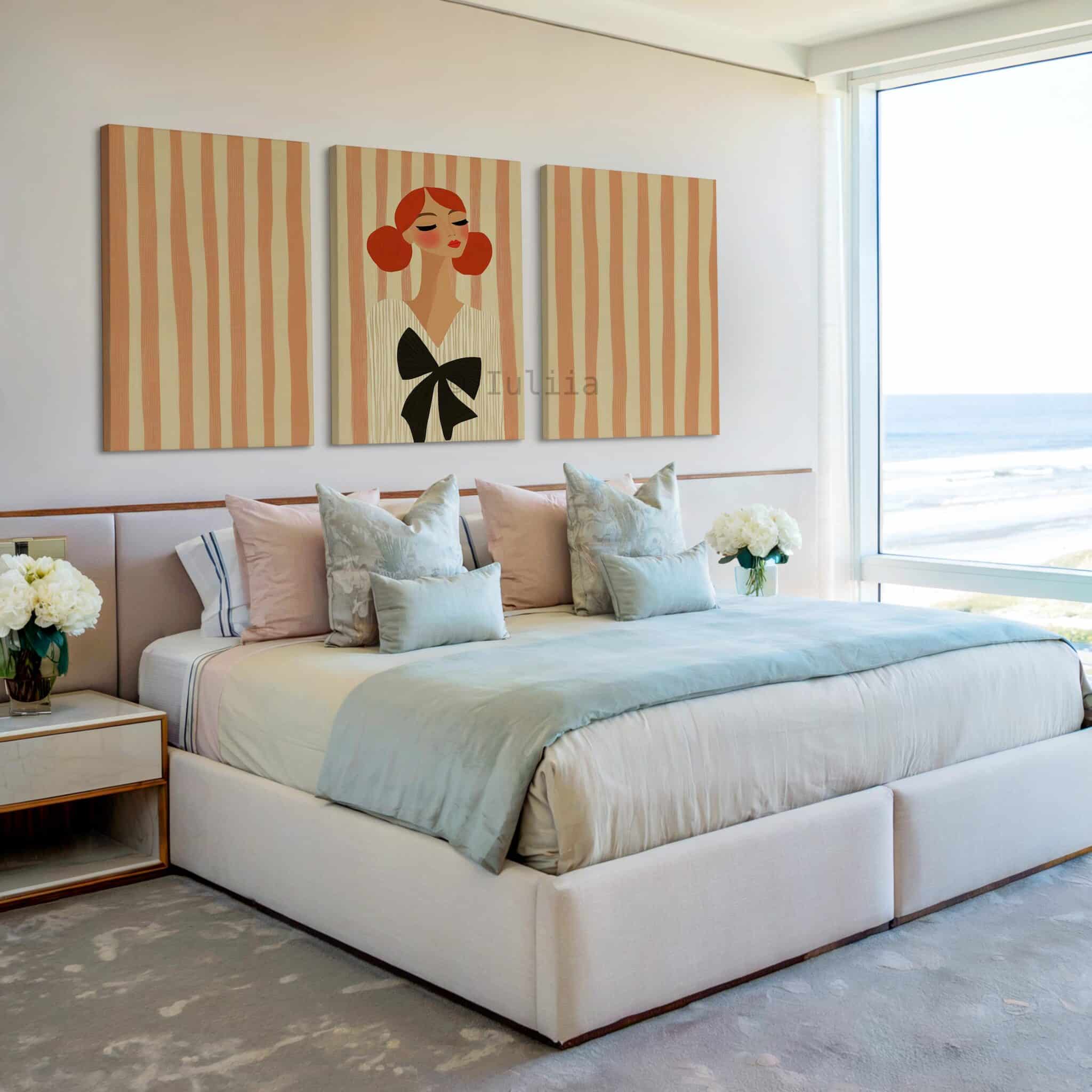 Bow Fashion Triptych Canvas, Elegant Woman Portrait, Contemporary Feminine Wall Decor, Chic Bedroom Statement Artwork, Three Panel Artwork - photo #2