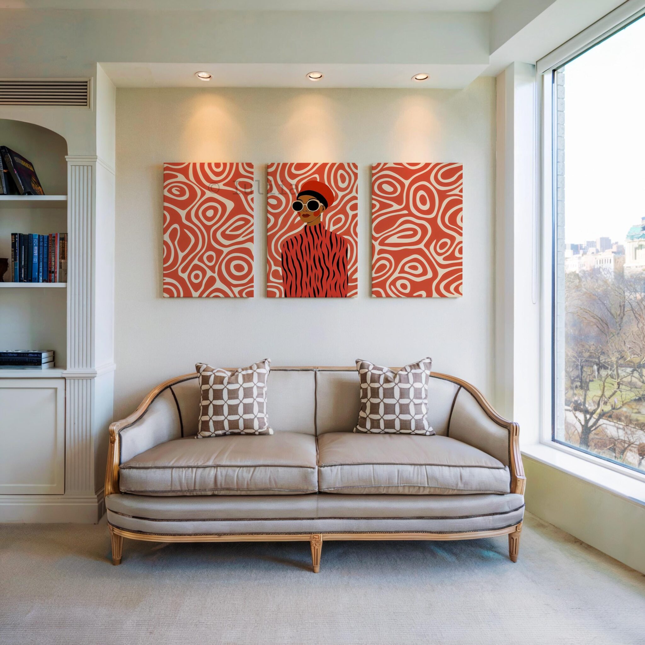 Fashion Wall Three Pieces Art, Modern Woman Portrait Canvas, Graphic Contemporary Artwork, Coral Statement Decor, Designer Living Room Panels - photo #2
