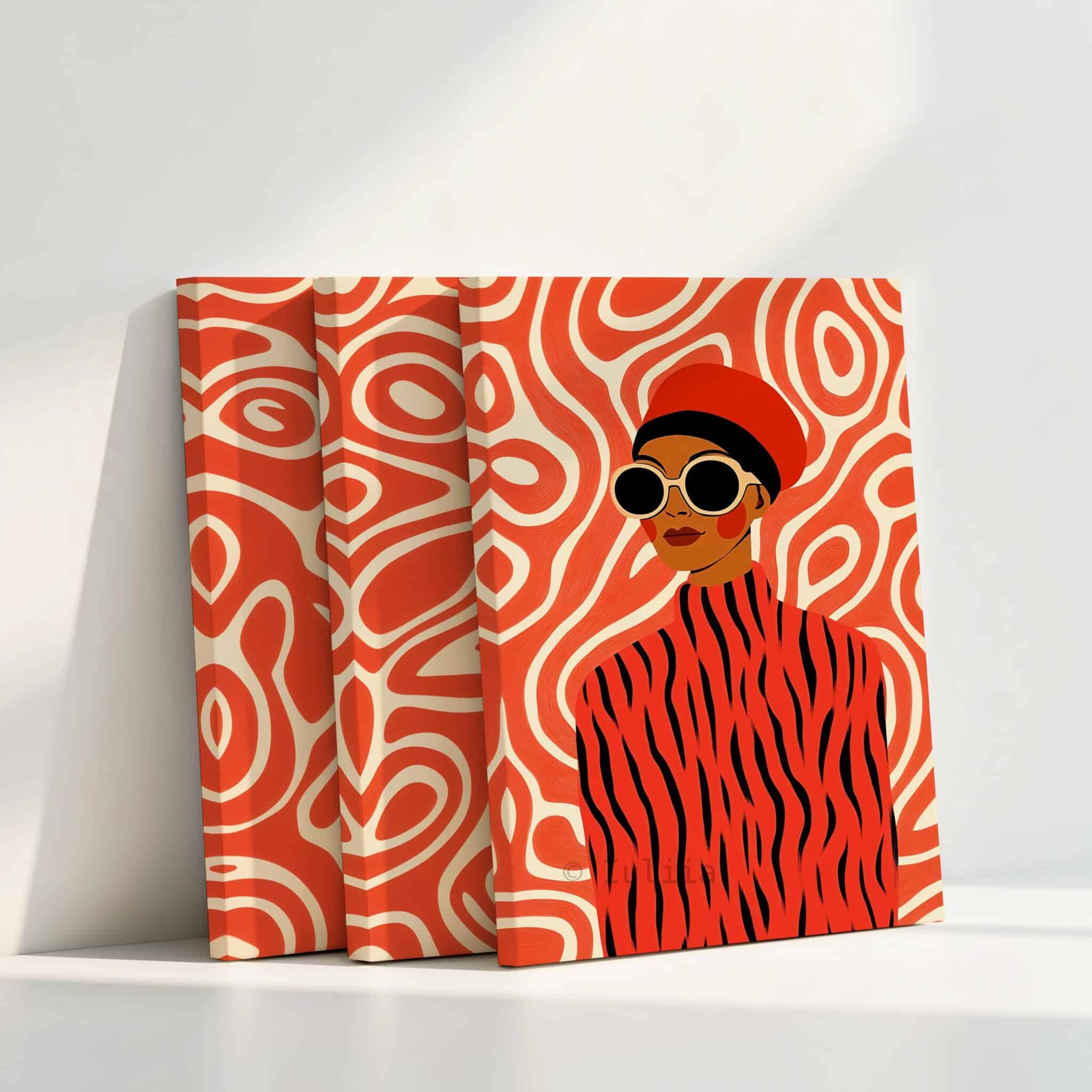 Fashion Wall Three Pieces Art, Modern Woman Portrait Canvas, Graphic Contemporary Artwork, Coral Statement Decor, Designer Living Room Panels - photo #4